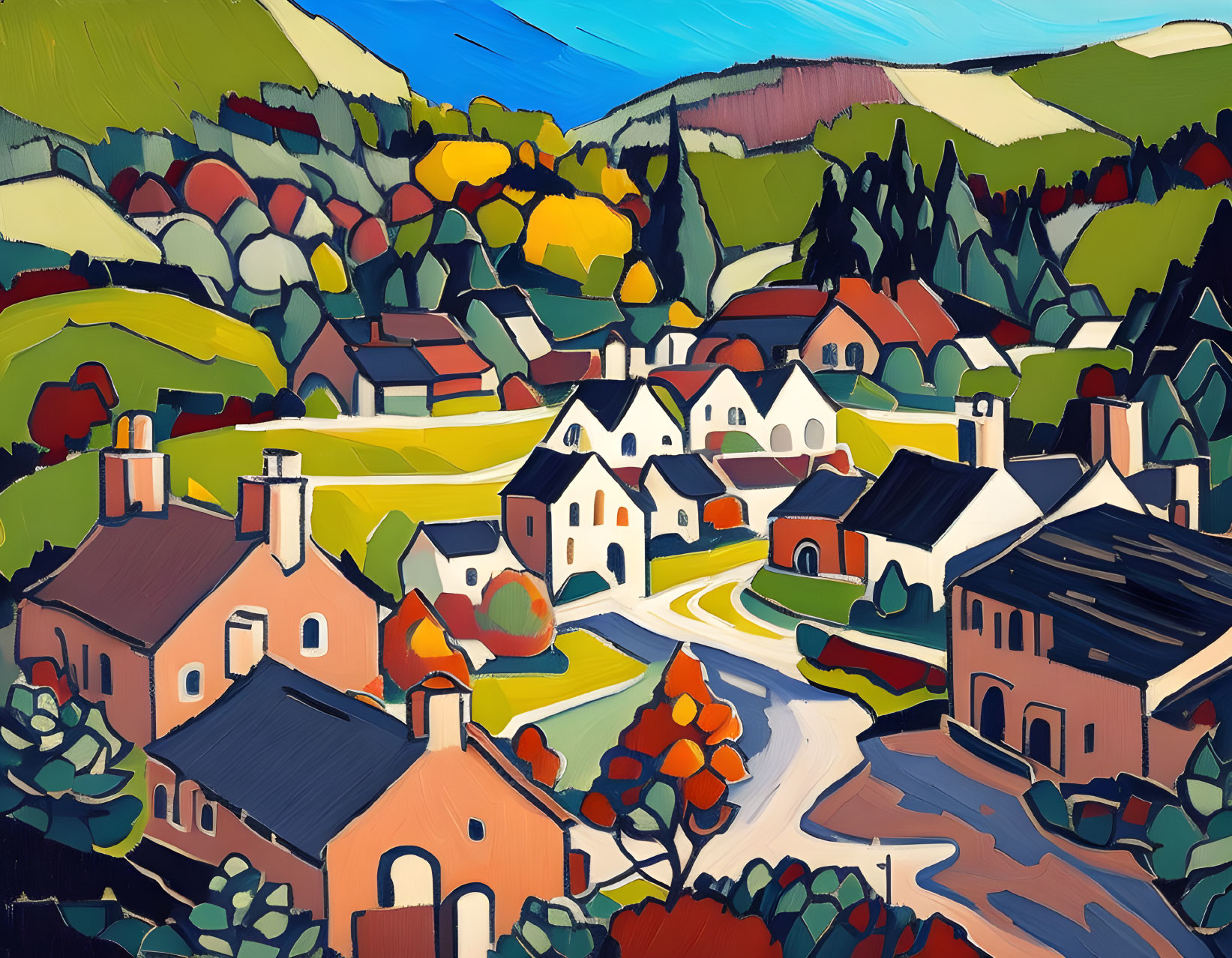 Colorful village painting with hills and trees