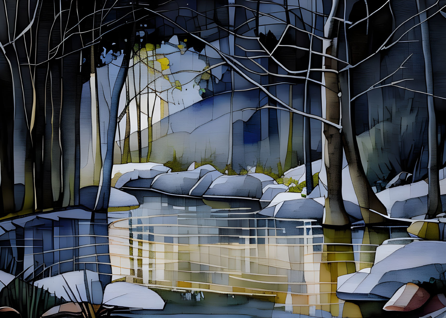 Stylized forest scene with bare trees reflected in pond at sunrise.