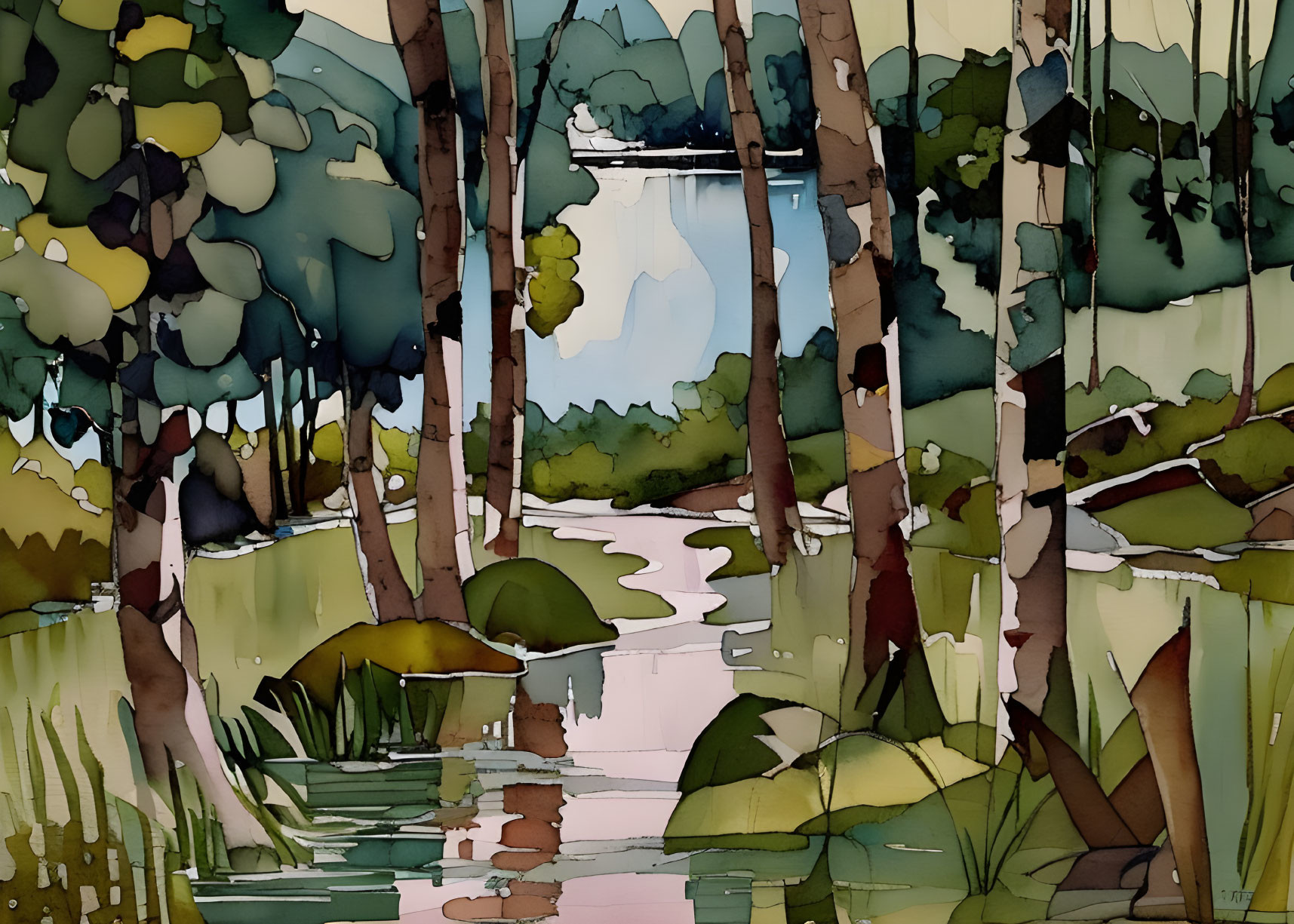 Vibrant forest painting with stream and lush trees