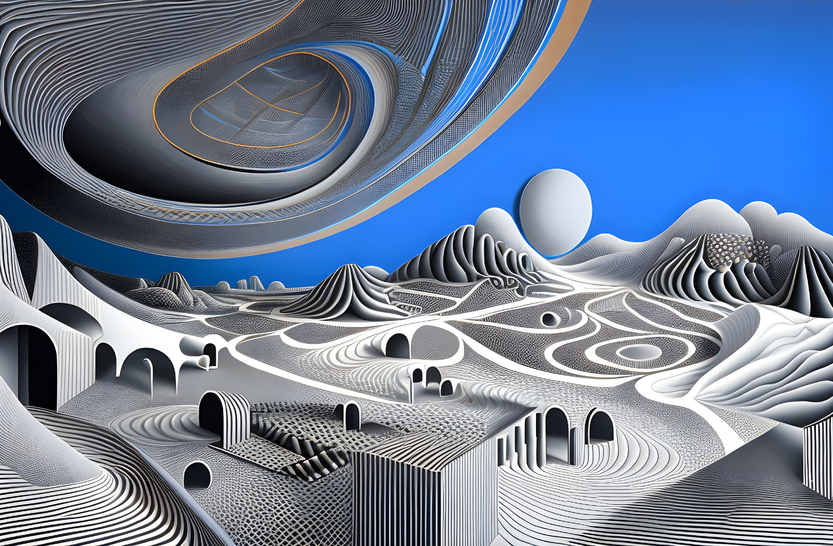 Surreal digital landscape: undulating patterns, monochromatic hills, floating sphere