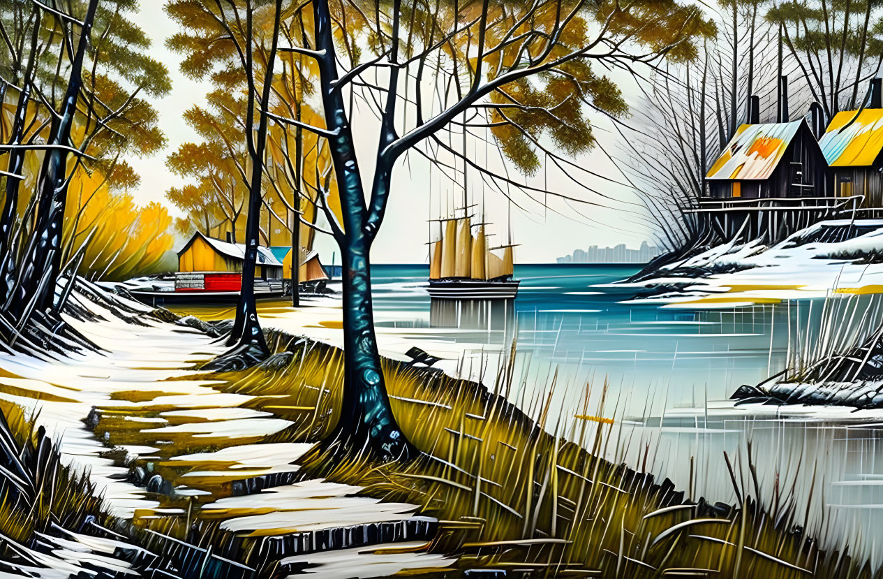 Colorful lakeside painting with houses, trees, footpath, and sailboats.