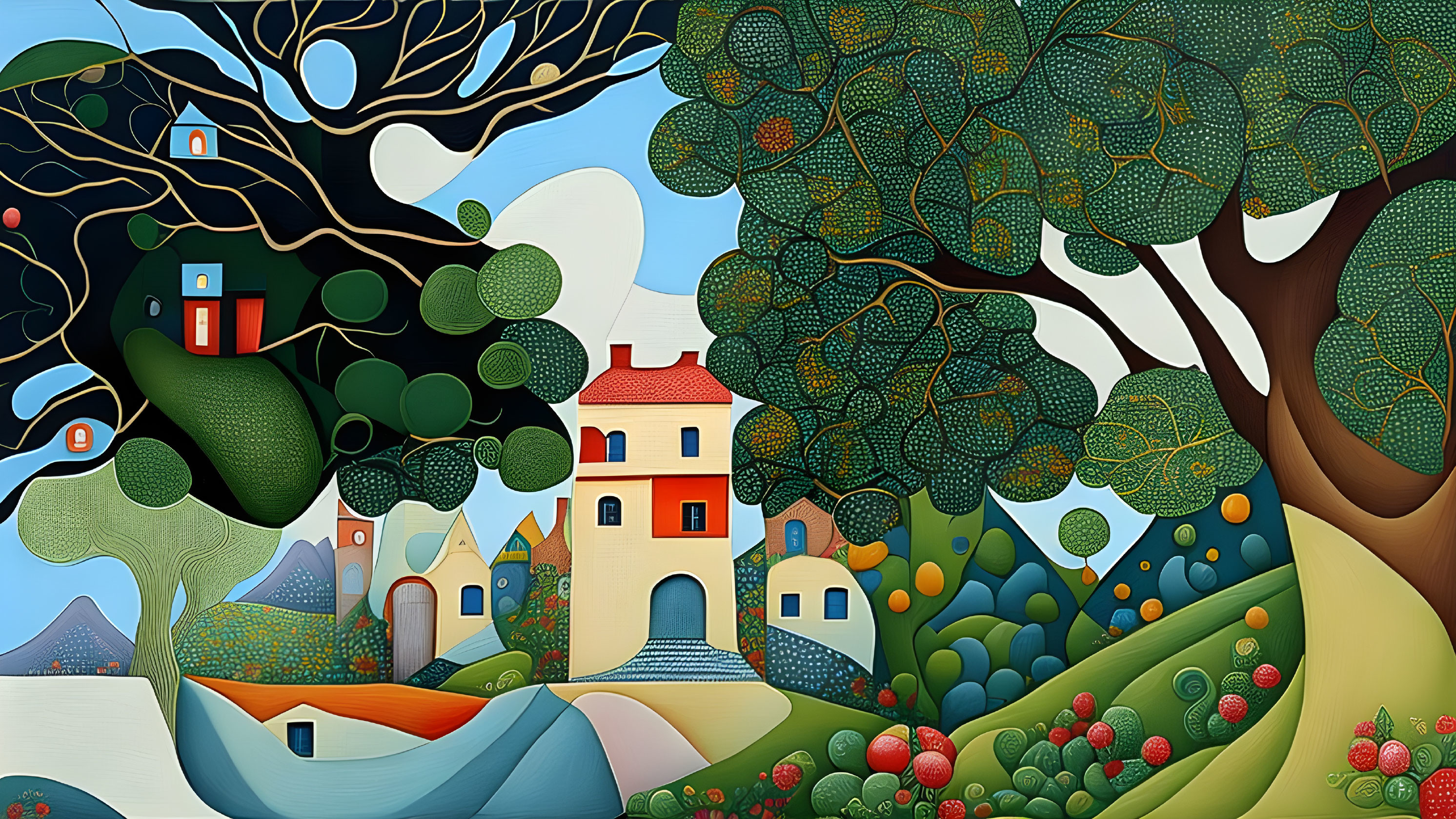 Colorful Stylized Painting of Rolling Hills and Quaint Houses