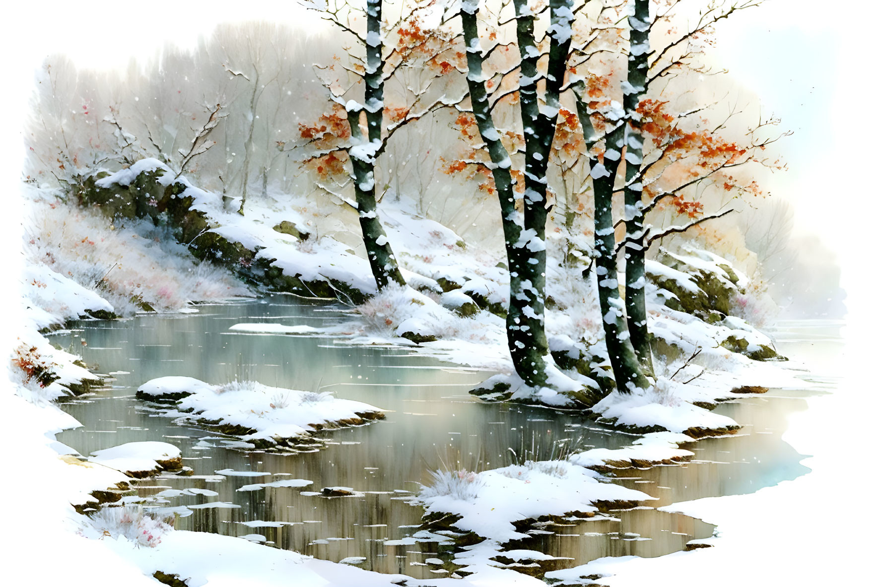 Snowy Birch Trees in Winter Landscape with Frozen Stream