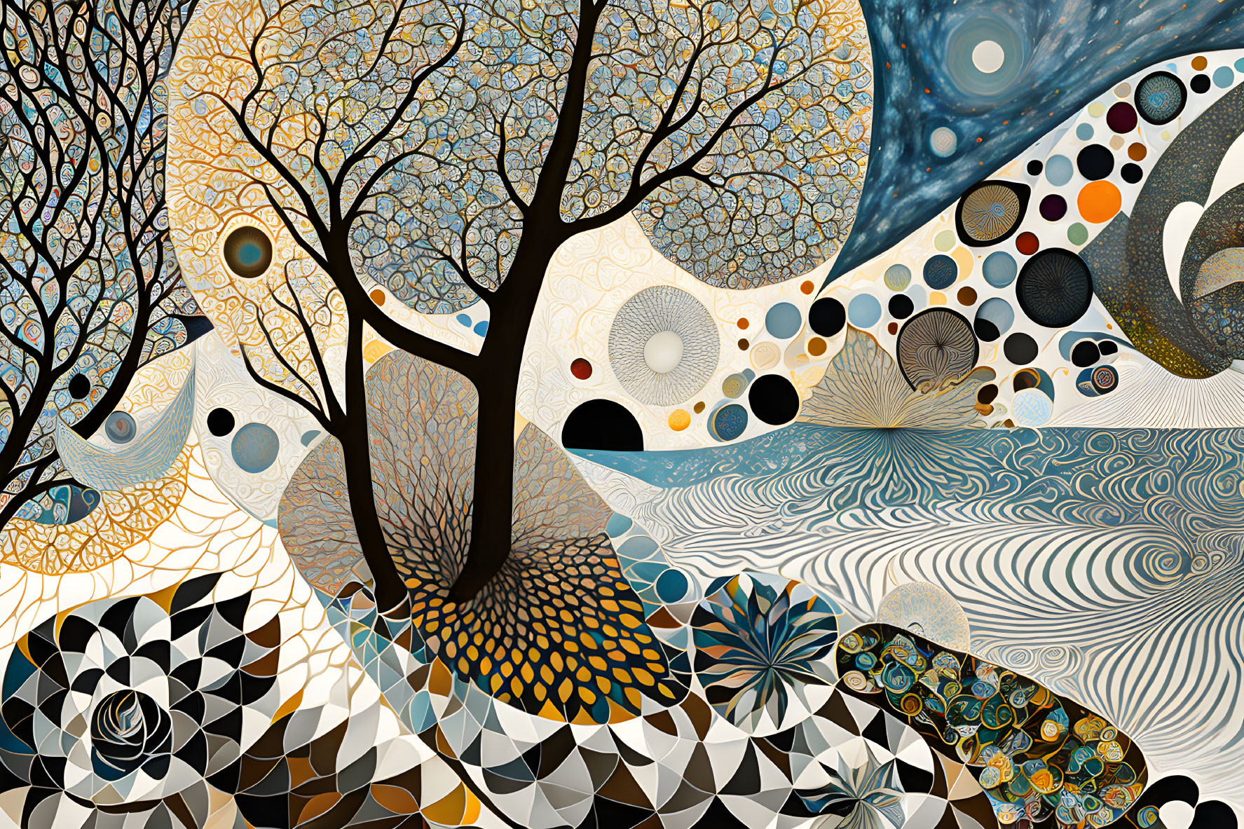 Abstract Graphic Landscape with Stylized Trees and Geometric Patterns