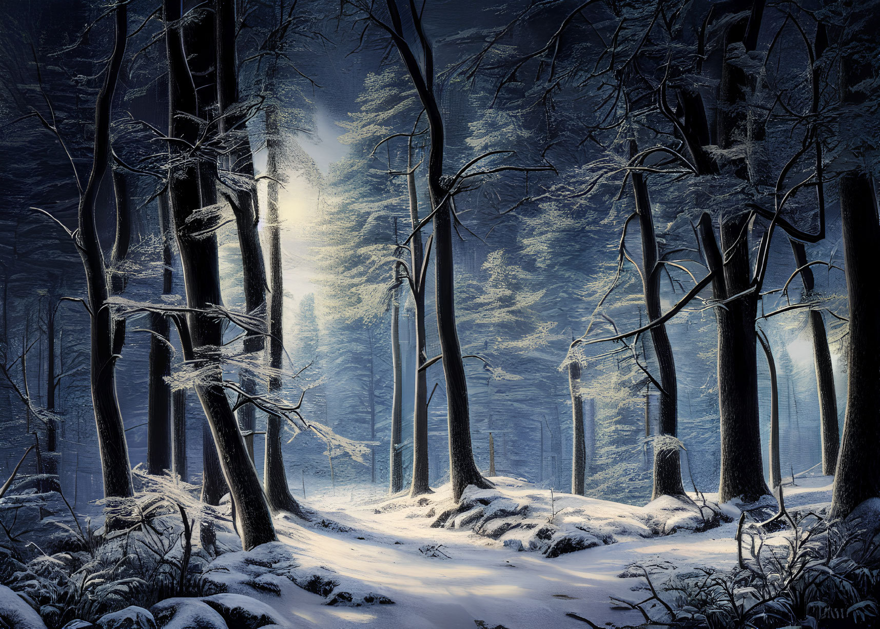 Snowy forest scene: tall trees, gentle glow, snow blanket