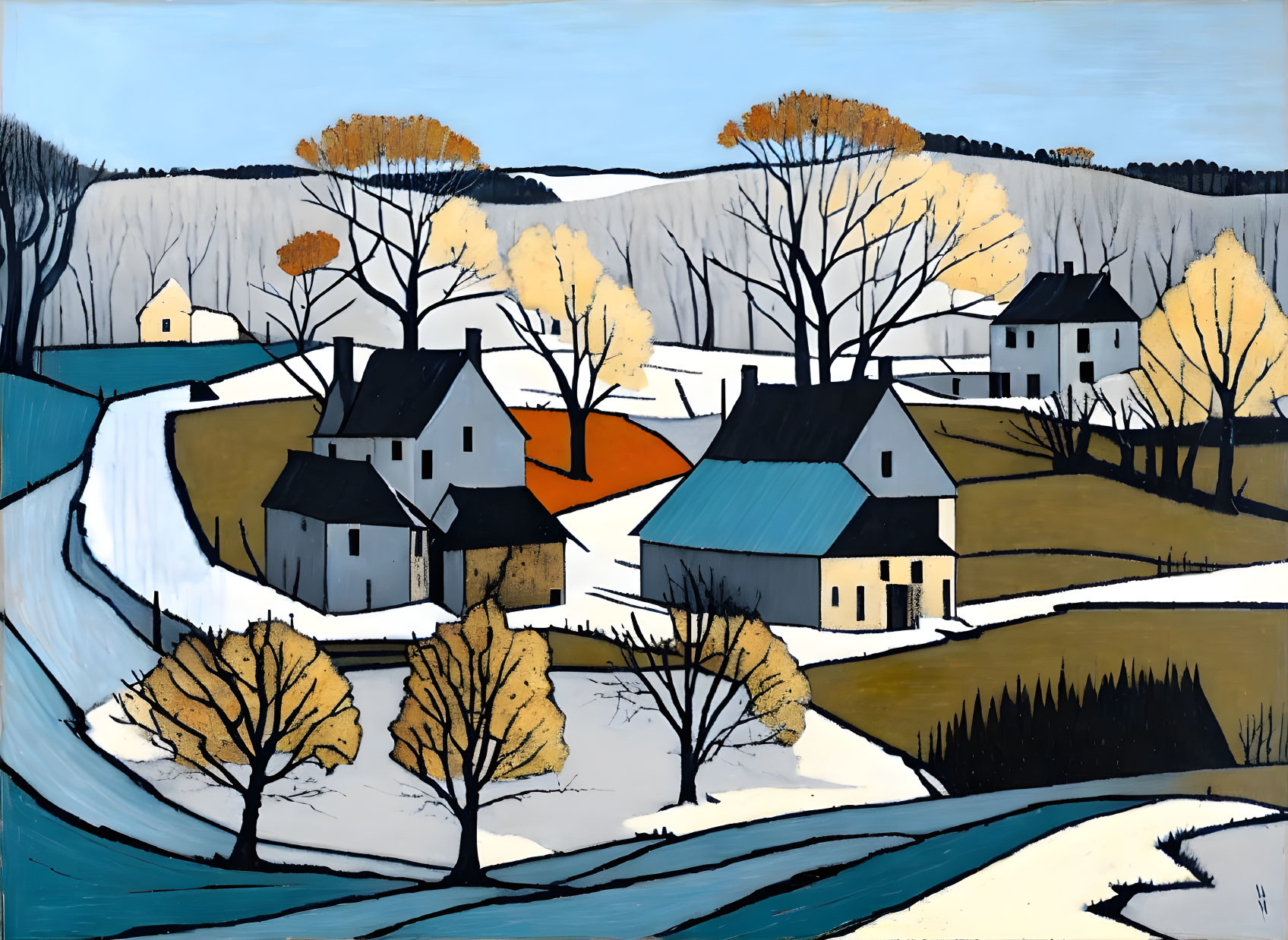 Stylized rural winter painting with houses, trees, and snow-covered hills