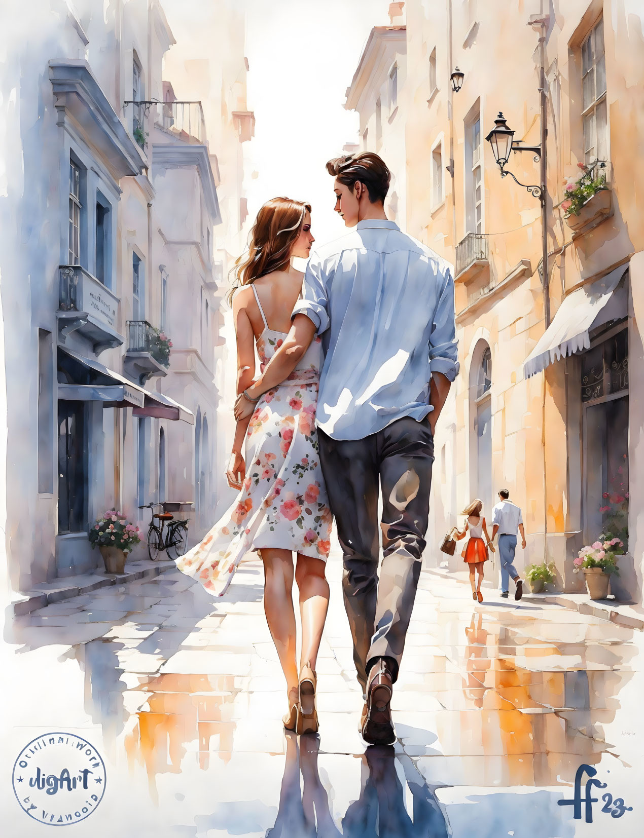 Couple walking down sunlit European street in watercolor style