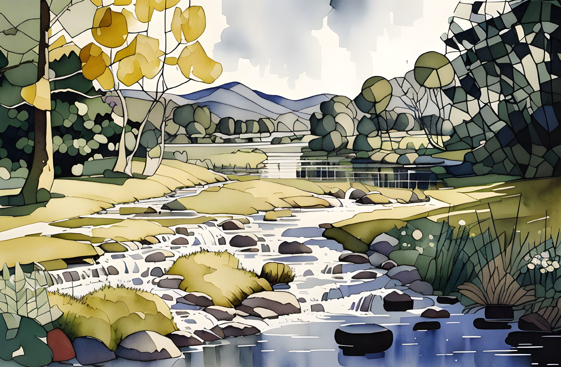 Polygonal trees and serene river landscape illustration