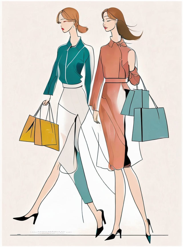 Stylized modern illustration of two women shopping together