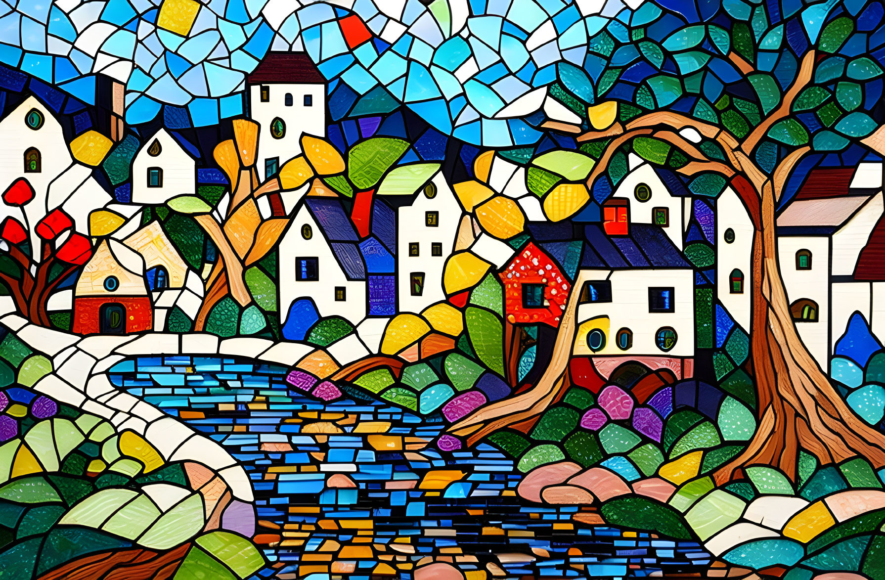 Vibrant mosaic of whimsical village with houses, trees, and river