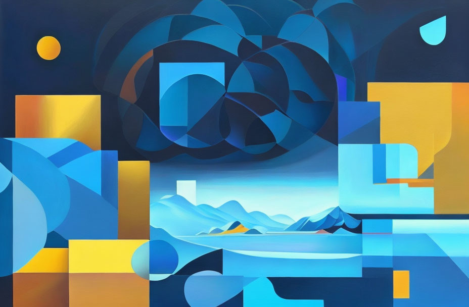 Abstract geometric shapes in blue, yellow, and white over stylized landscape with mountains and sun/moon