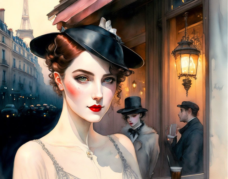 Glamorous woman in black hat and red lipstick in vintage Parisian scene with man.