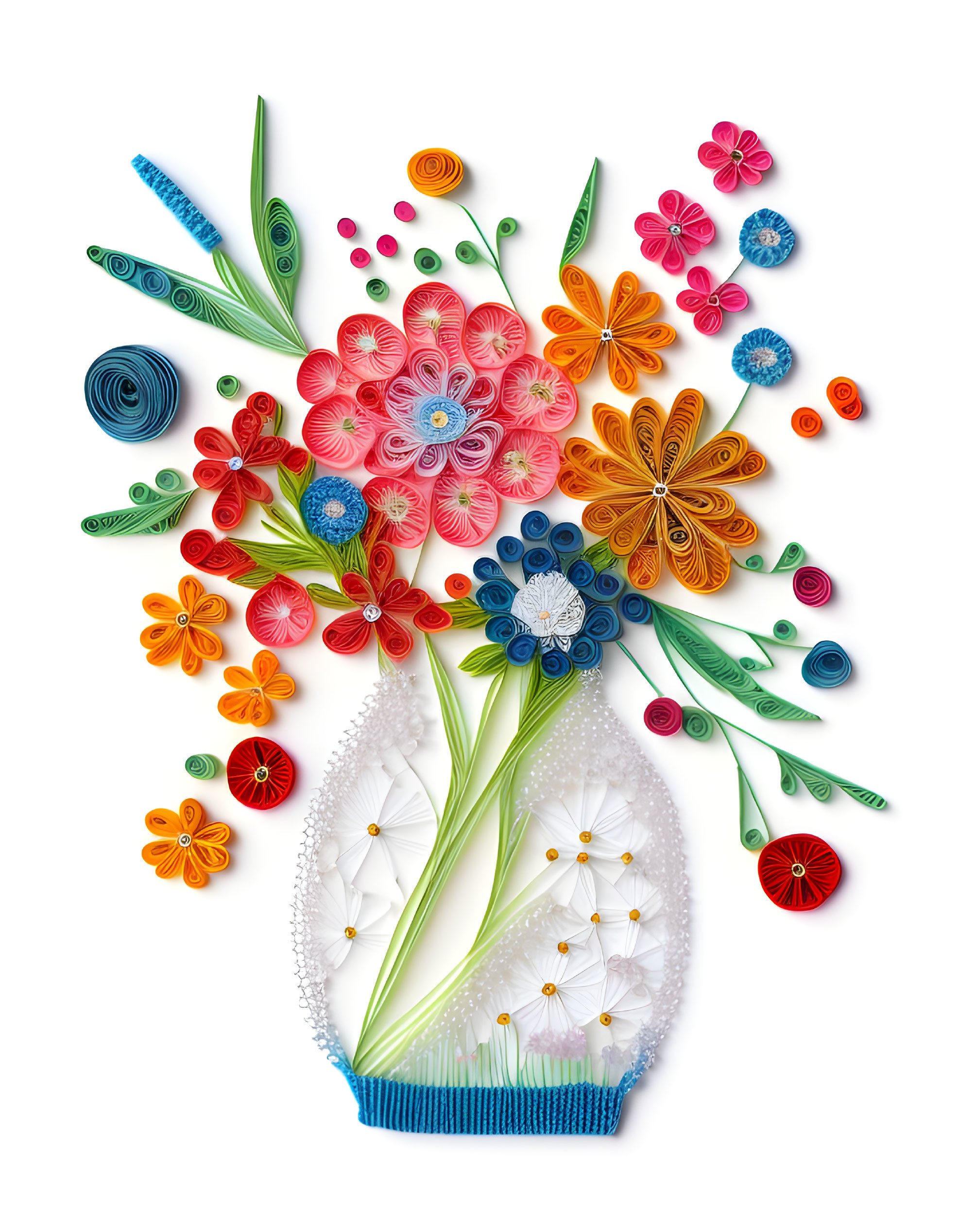 Colorful Quilling Art: Bouquet of Flowers in Blue Vase