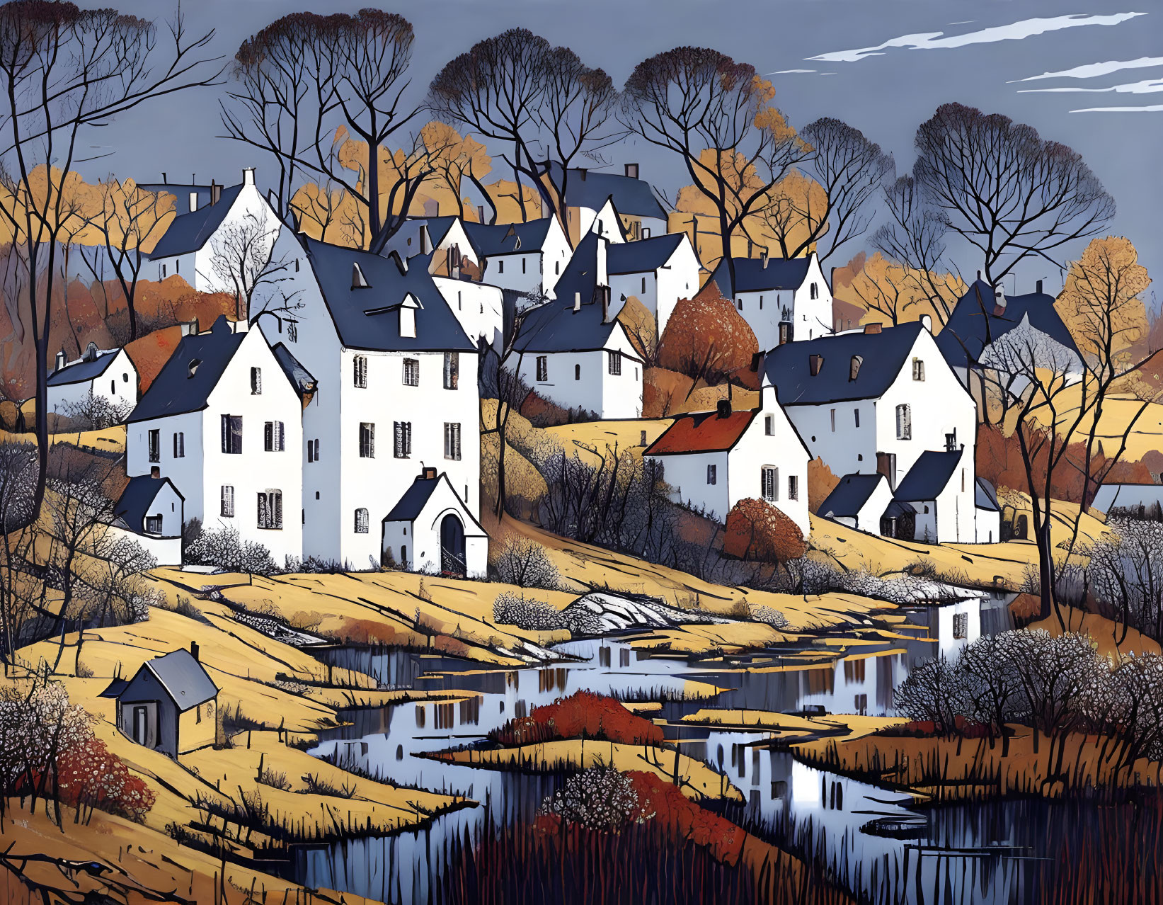 Illustration of quaint village with white houses and autumnal landscape