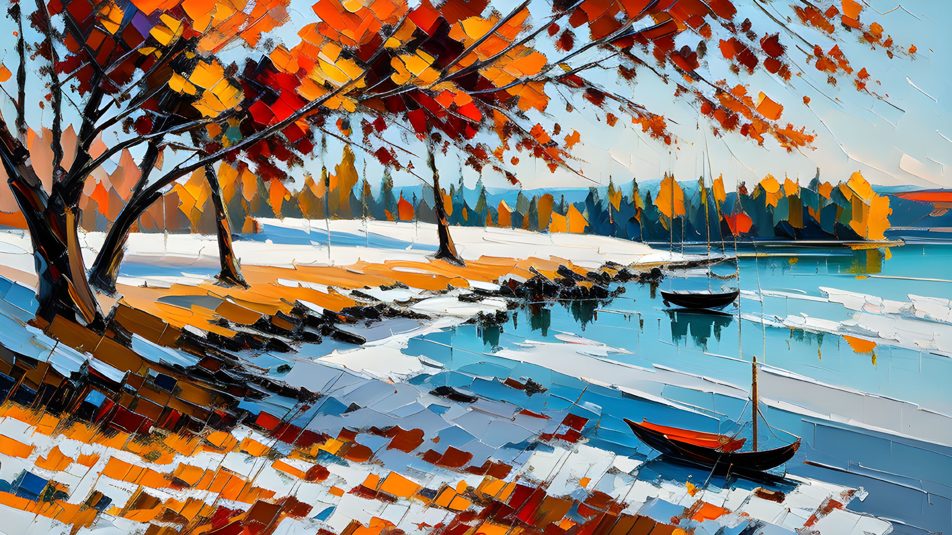 Colorful Snowy Lakeside Scene with Autumn Trees and Boat