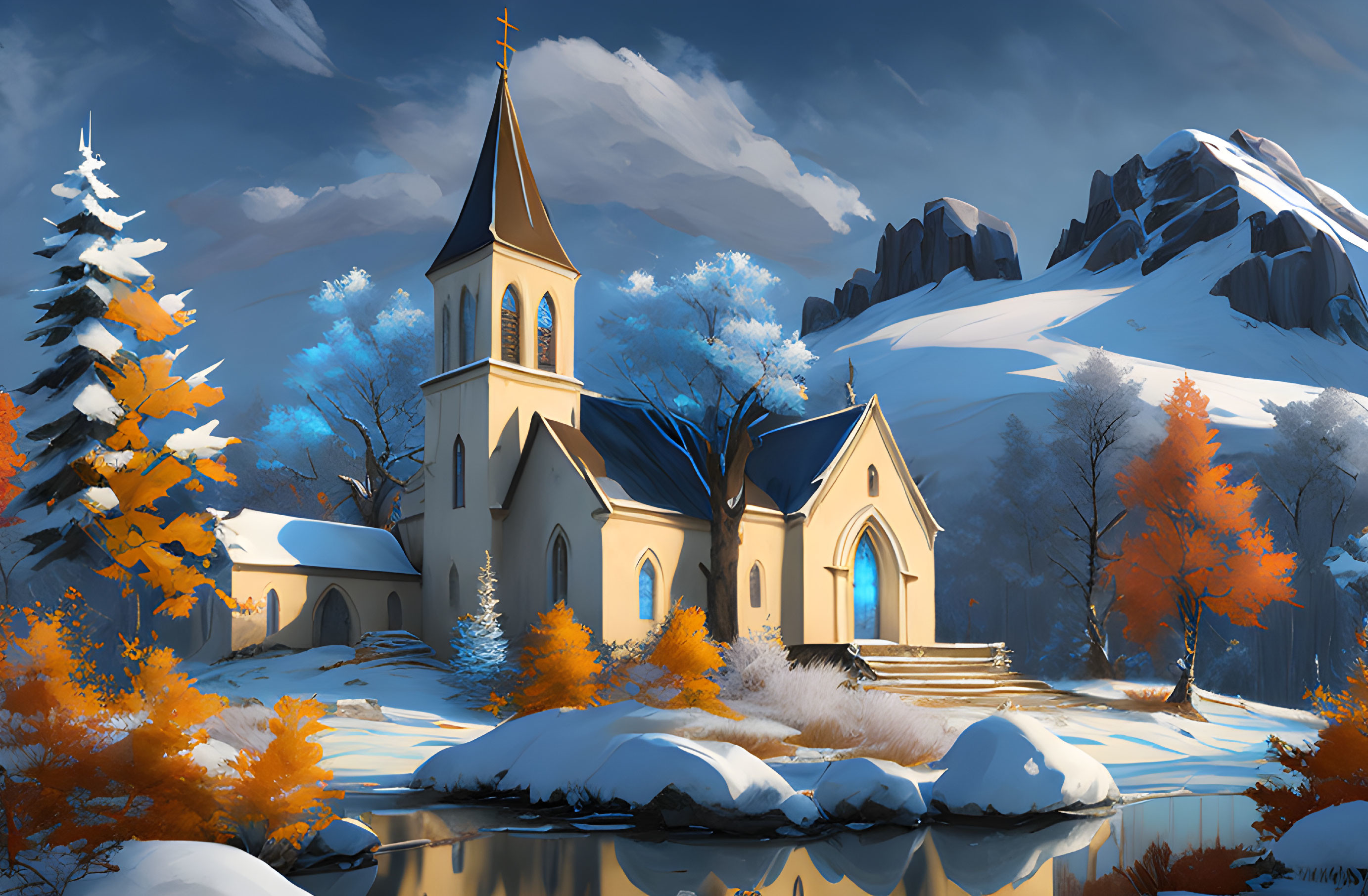 Snowy landscape with church, autumn trees, and mountain scenery.