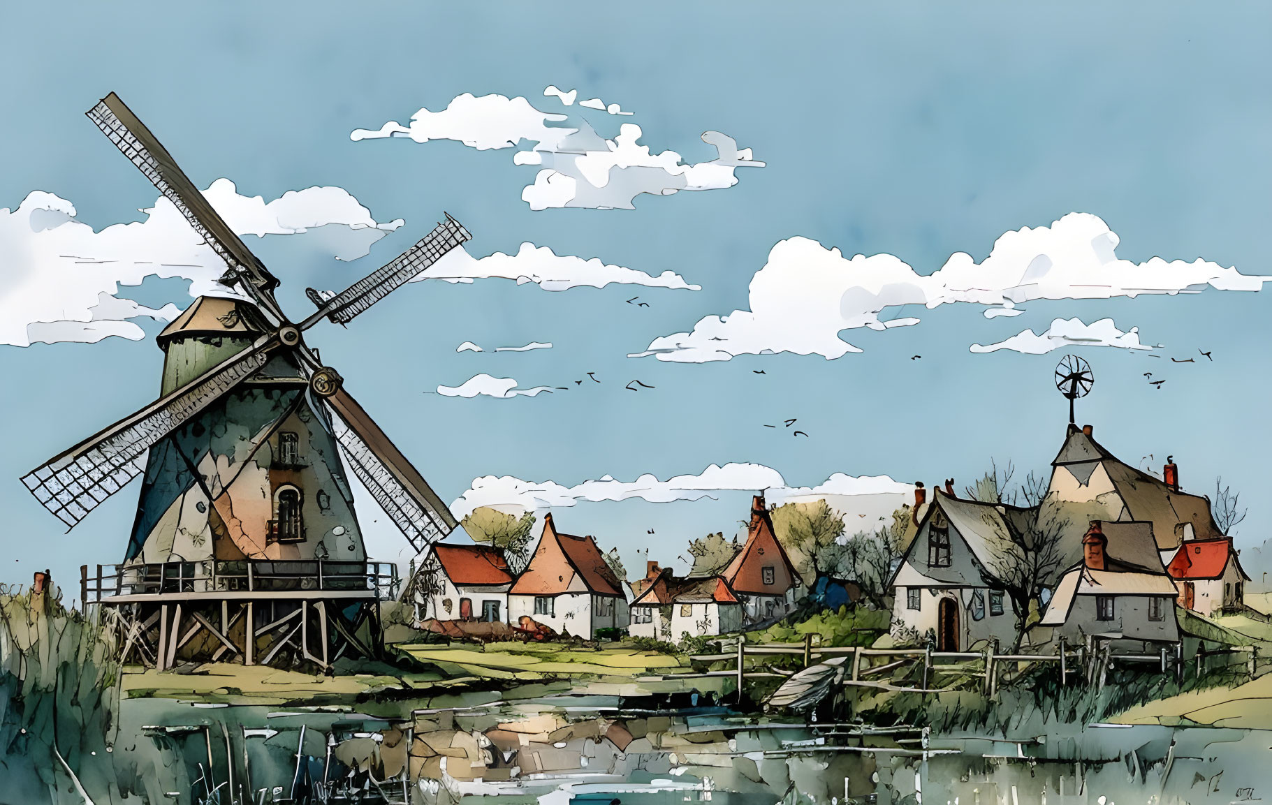 Rural landscape with windmill, river, red-roofed houses, and birds