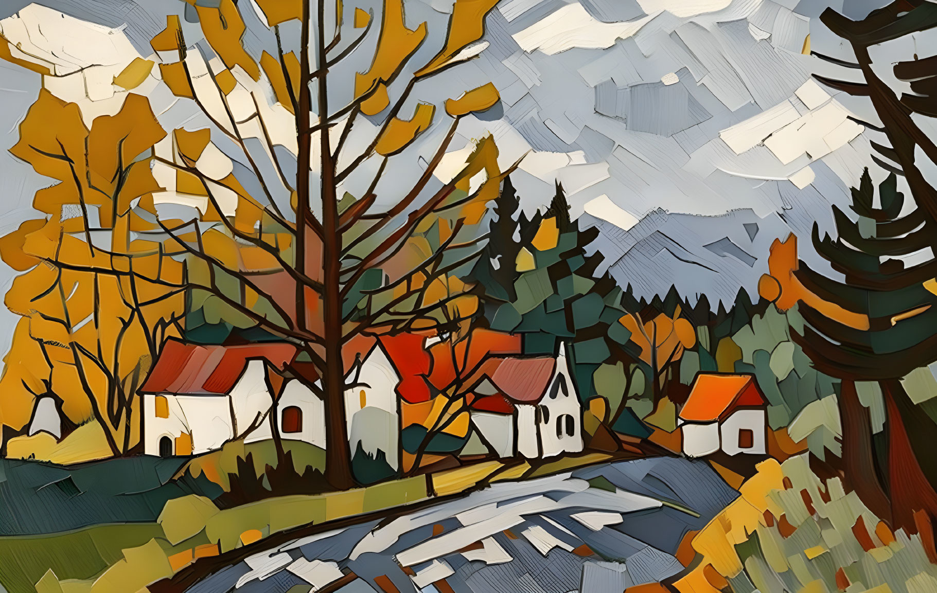 Colorful rural landscape painting with houses, trees, hills, and sky