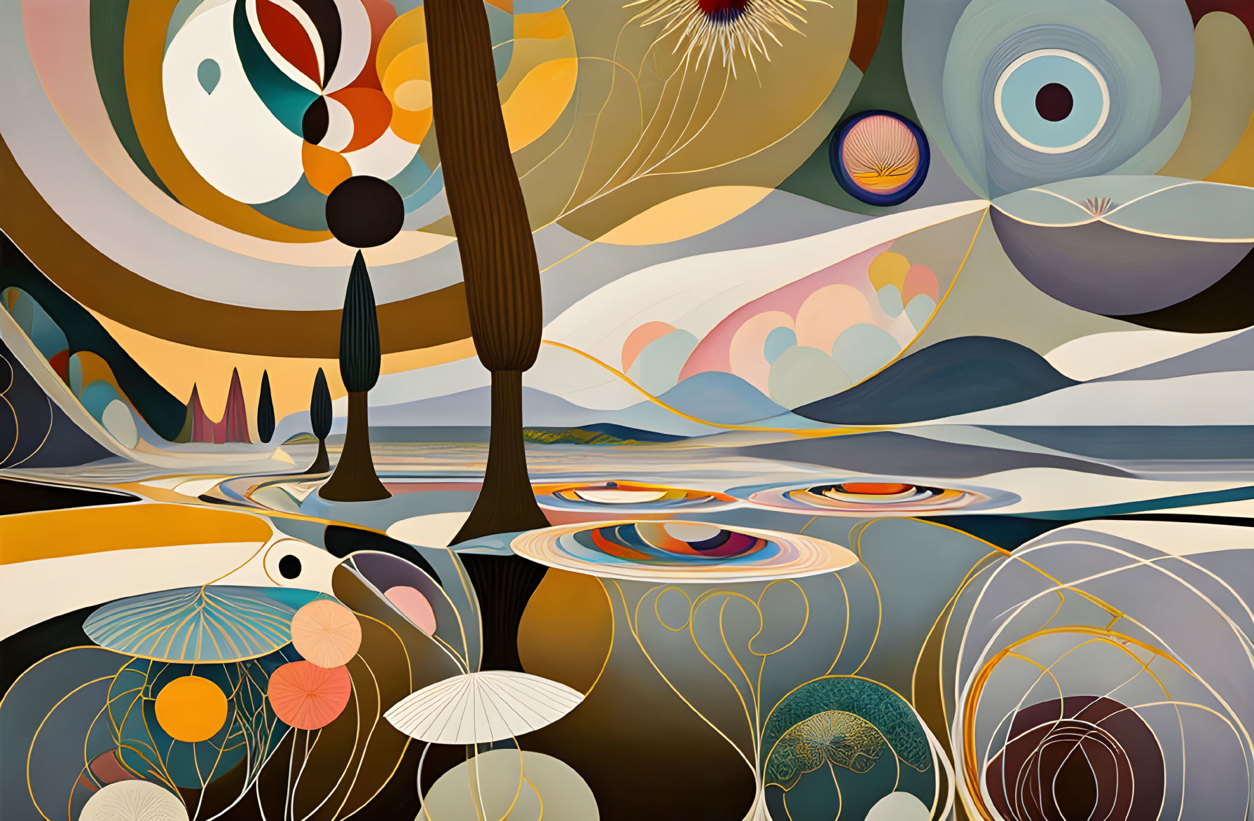 Abstract landscape painting with swirling patterns and natural elements in earthy tones