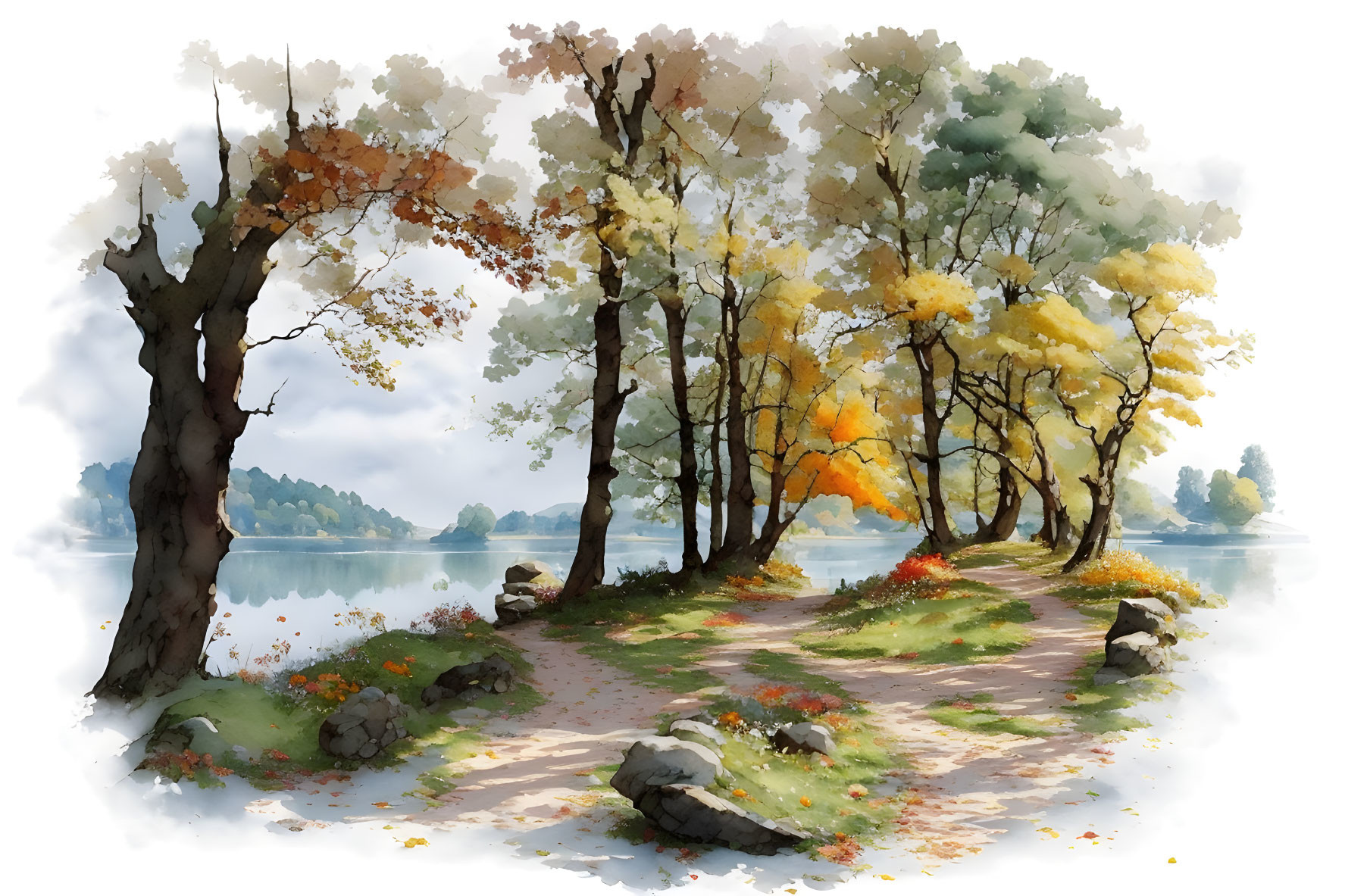 Tranquil watercolor painting of lakeside path with autumn trees