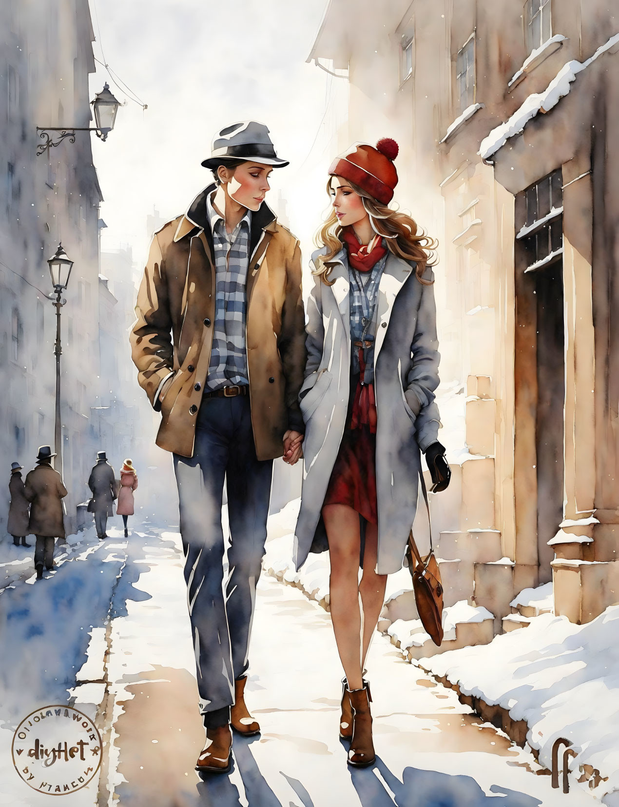 Fashionable couple strolling snowy city street in sunlight