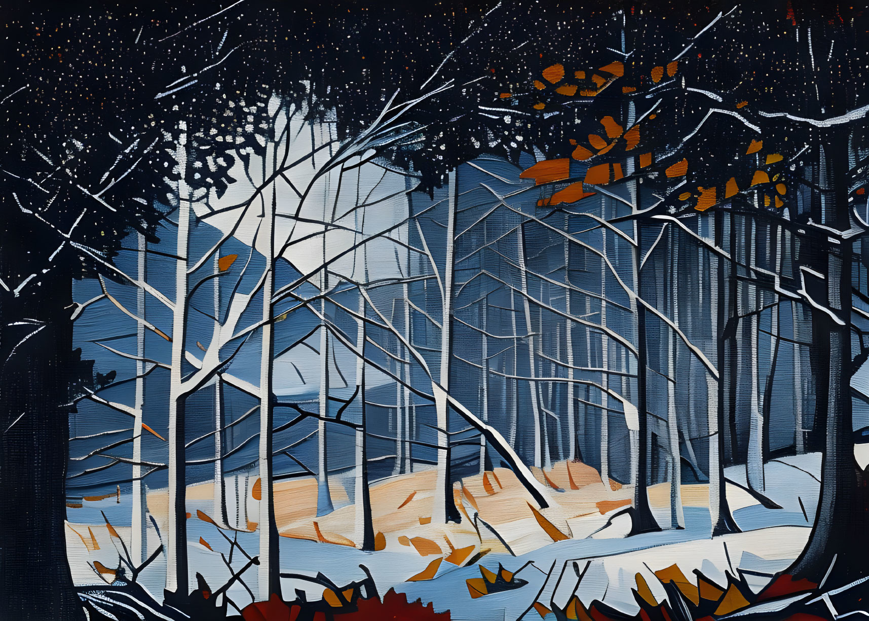 Winter forest painting: snow-covered ground, leafless trees, starry sky