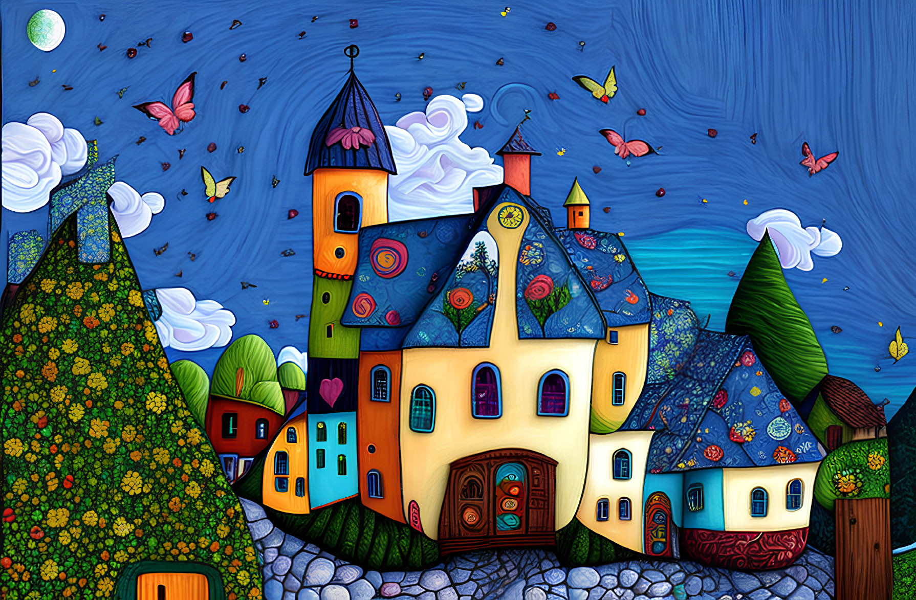 Colorful Fairytale Village Illustration with Patterned Buildings and Flying Butterflies