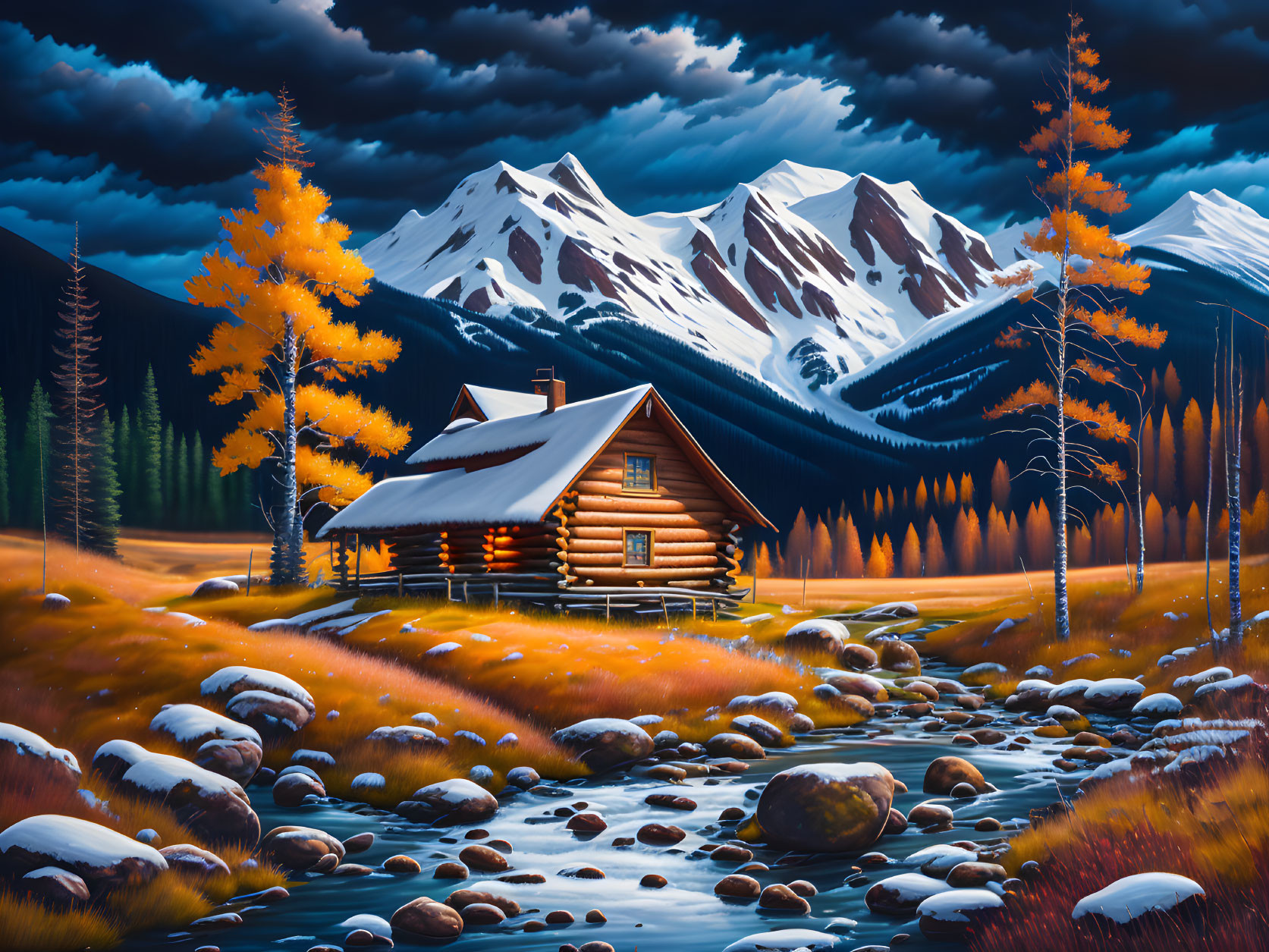 Rustic log cabin by stream, autumn trees, snow mountains, dramatic sky