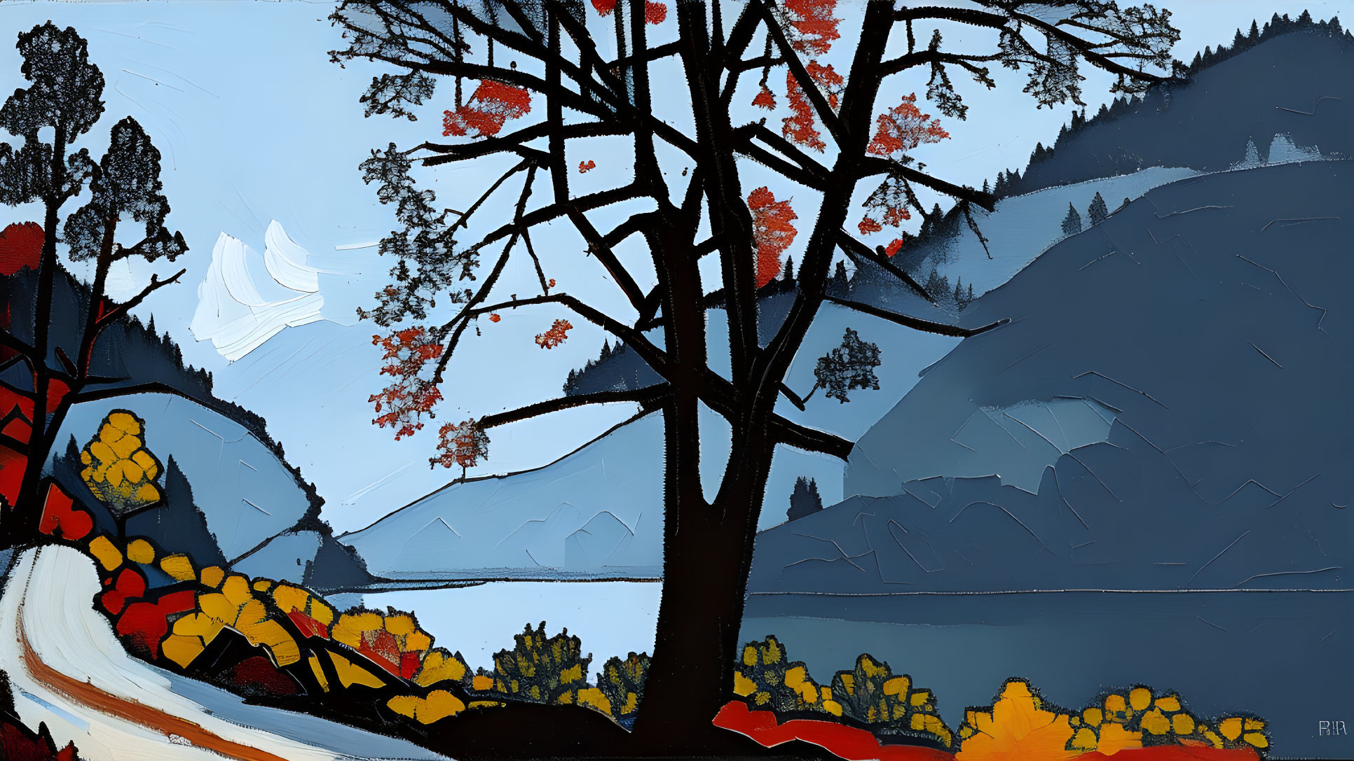 Stylized landscape painting with large tree, red foliage, mountains, and lake