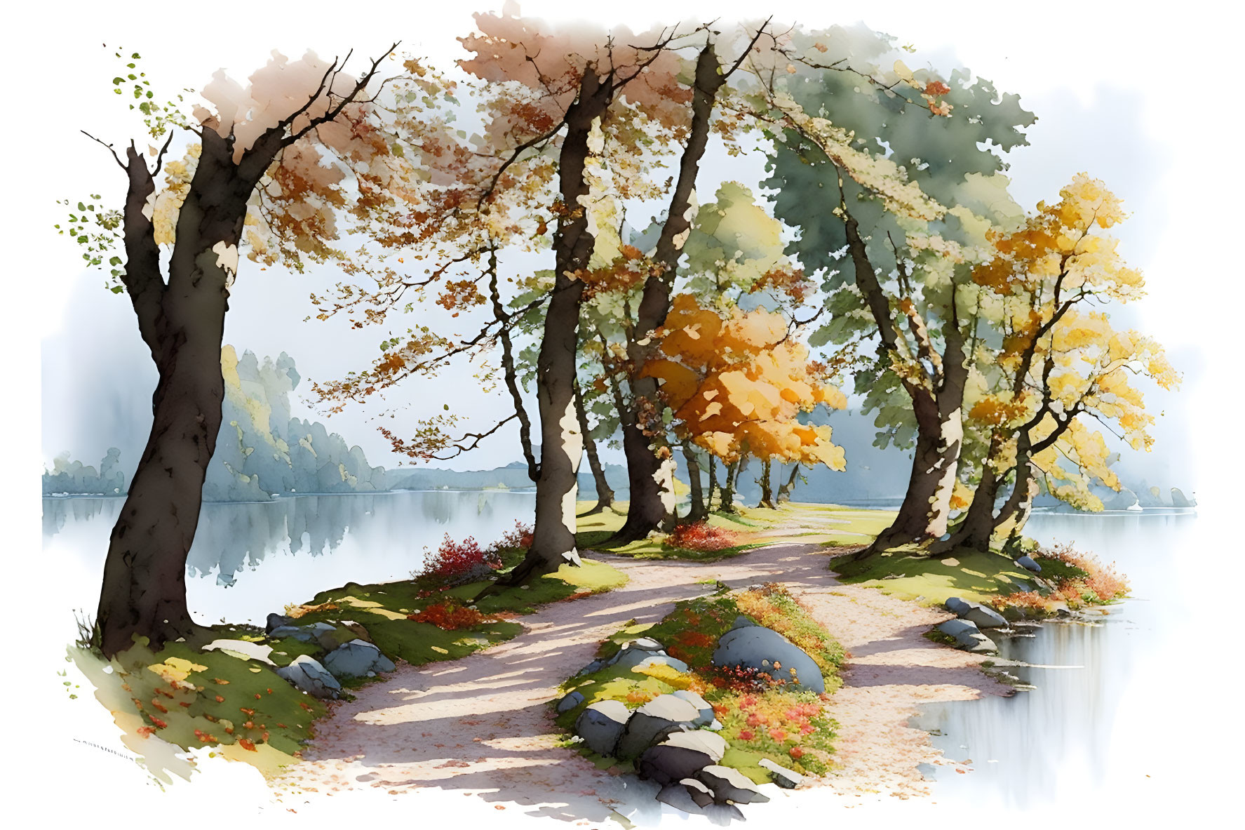 Tranquil watercolor illustration: Autumn pathway by calm lake