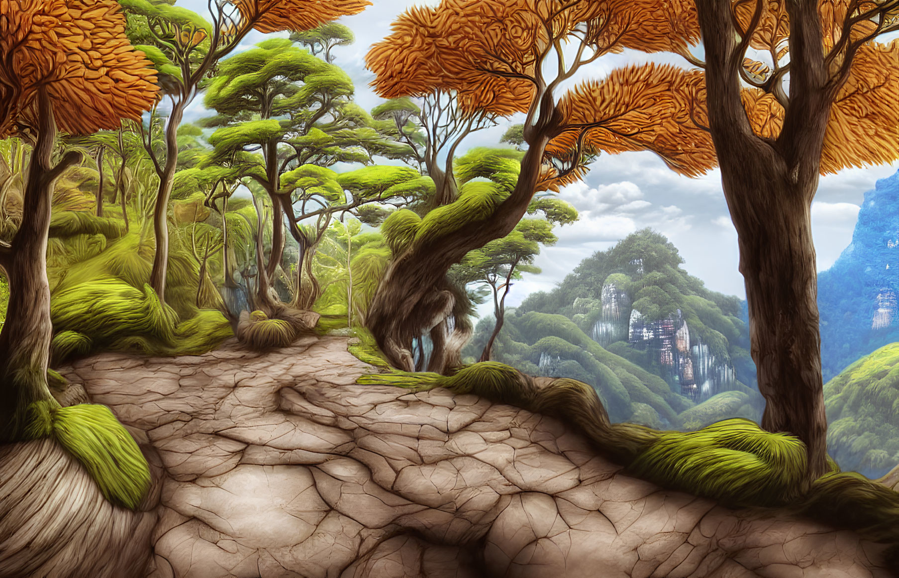 Fantastical forest digital artwork with orange leaves and cracked dirt path