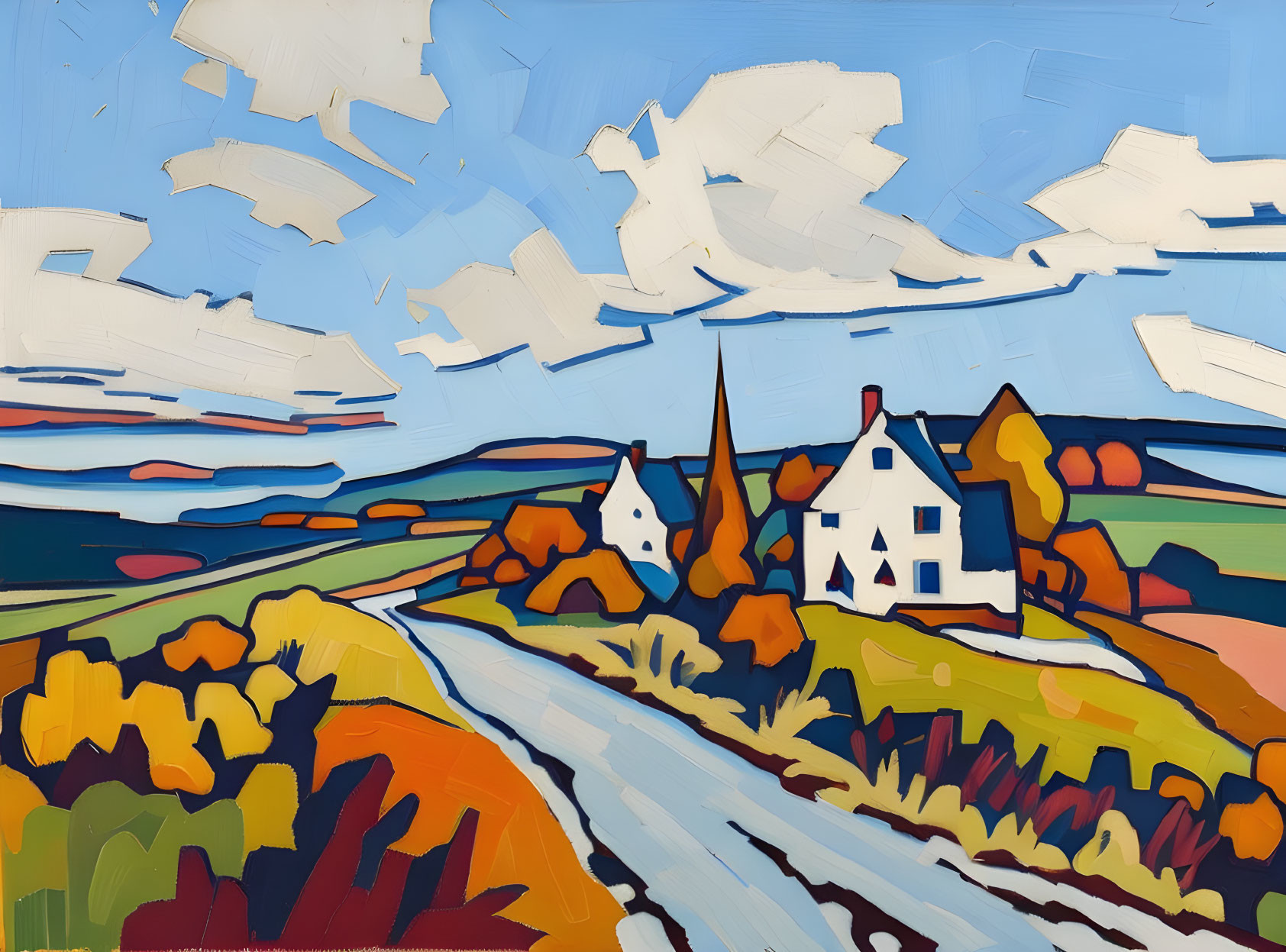 Vibrant countryside painting with white house and colorful fields