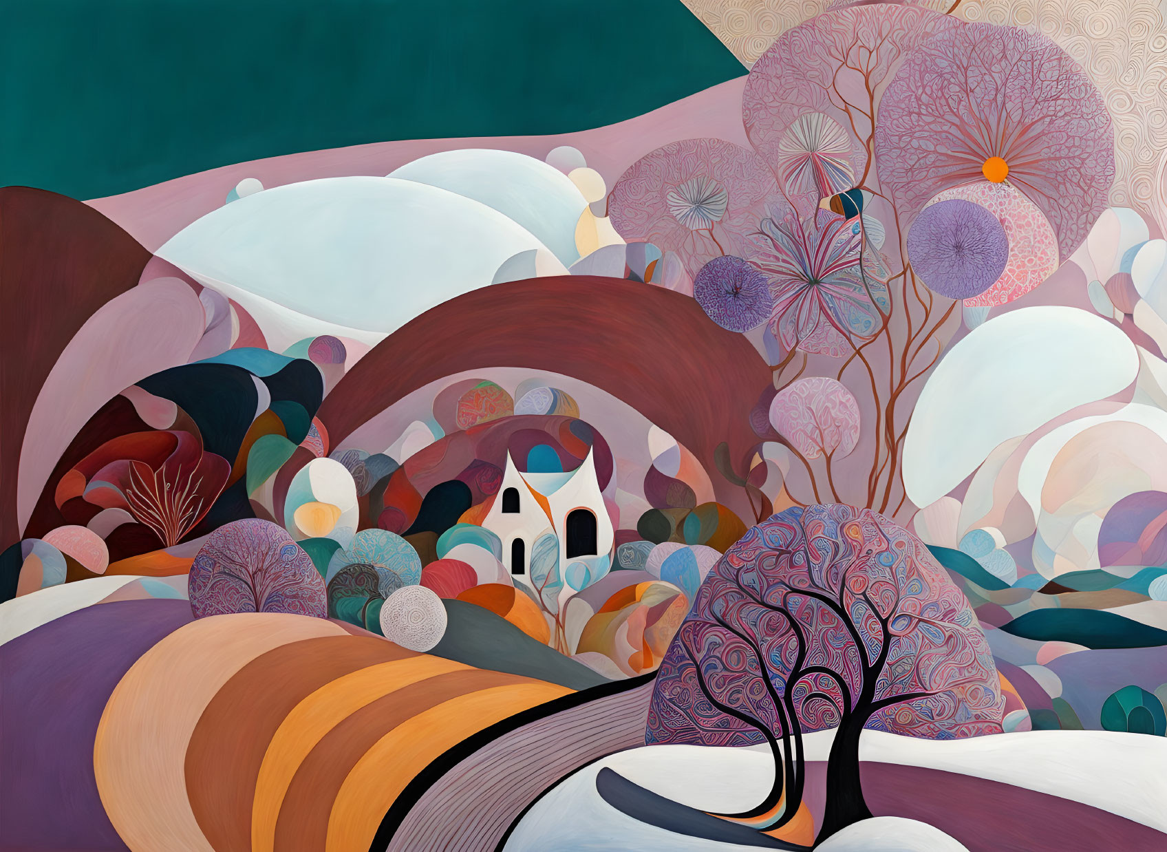 Abstract landscape painting with whimsical trees and stylized house