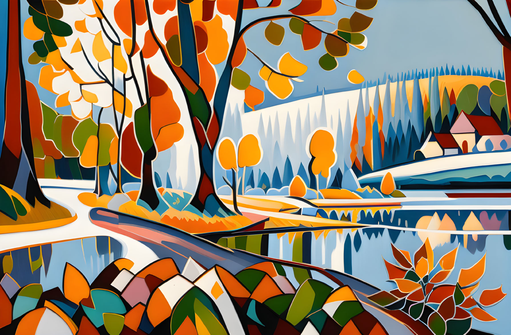 Vibrant autumn landscape with river, hills, and cabin