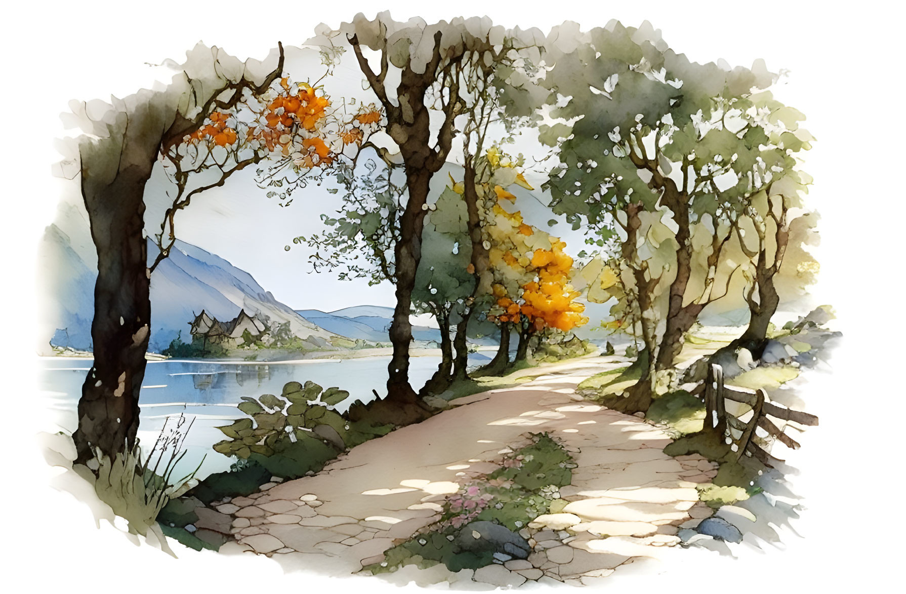 Tranquil watercolor: Lakeside path in autumnal hues