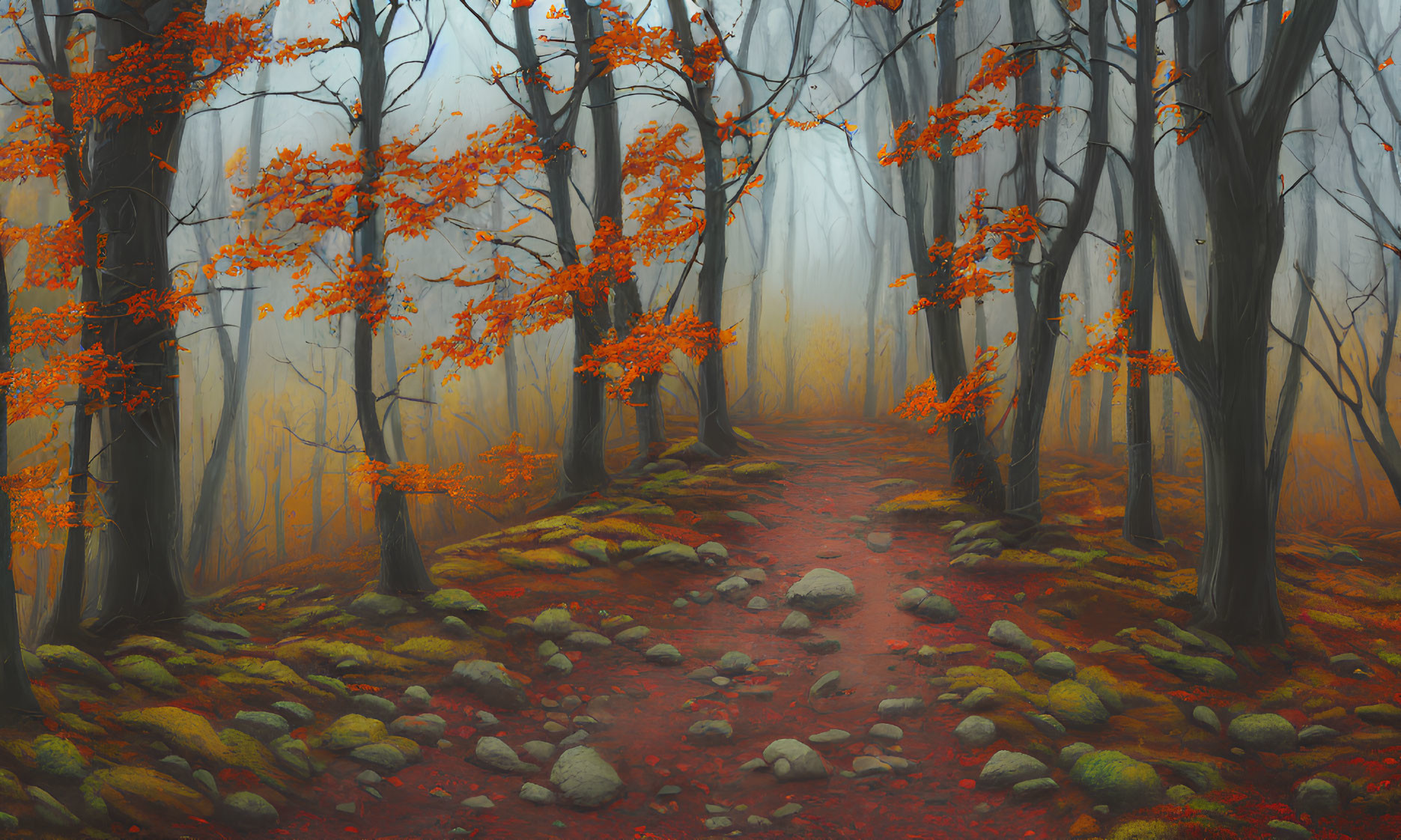 Misty autumn forest with orange-leafed trees and moss-covered path