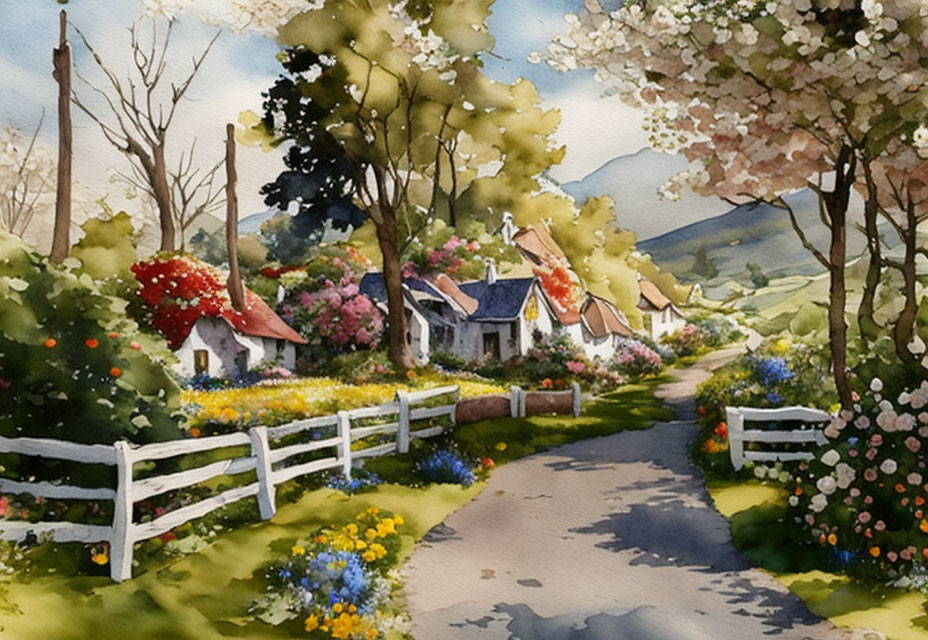 Scenic watercolor painting of village path and cottages