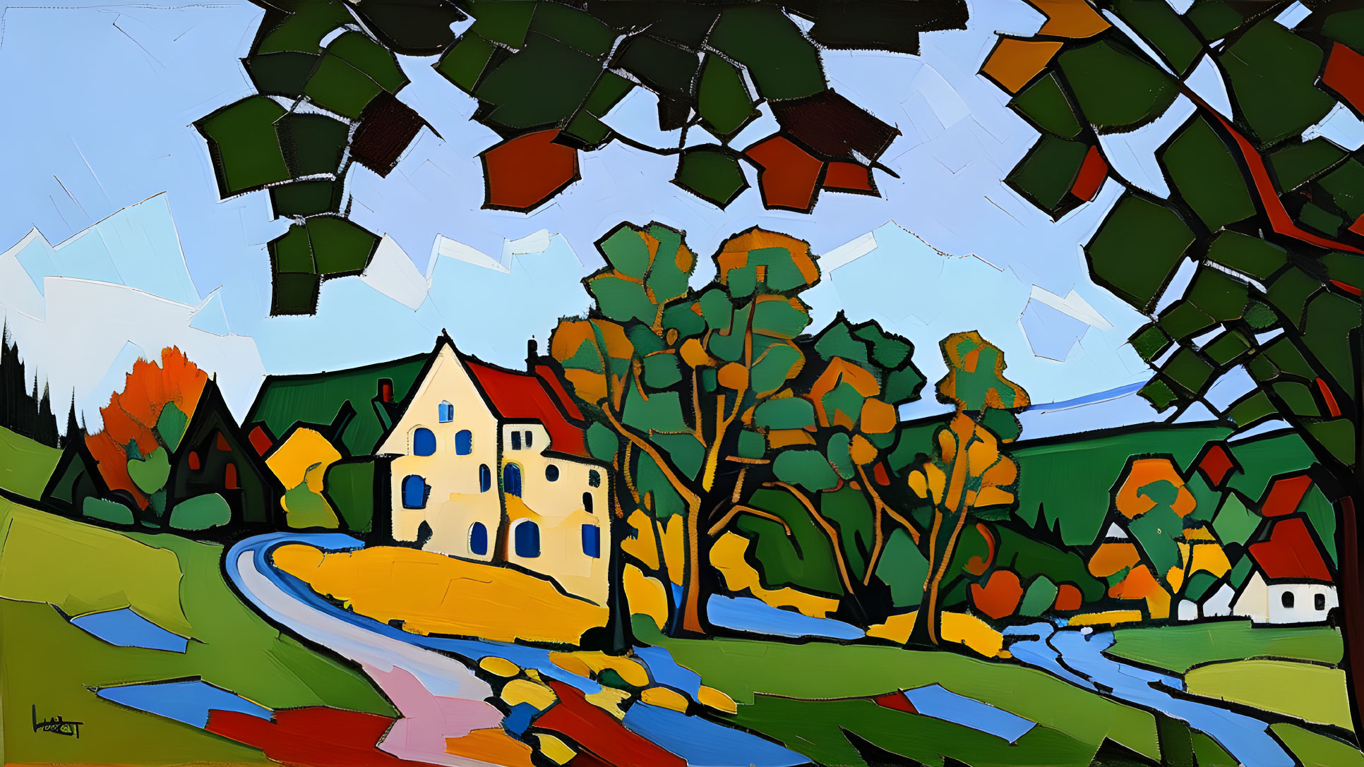 Vibrant geometric landscape painting with house, trees, and river in cubist style