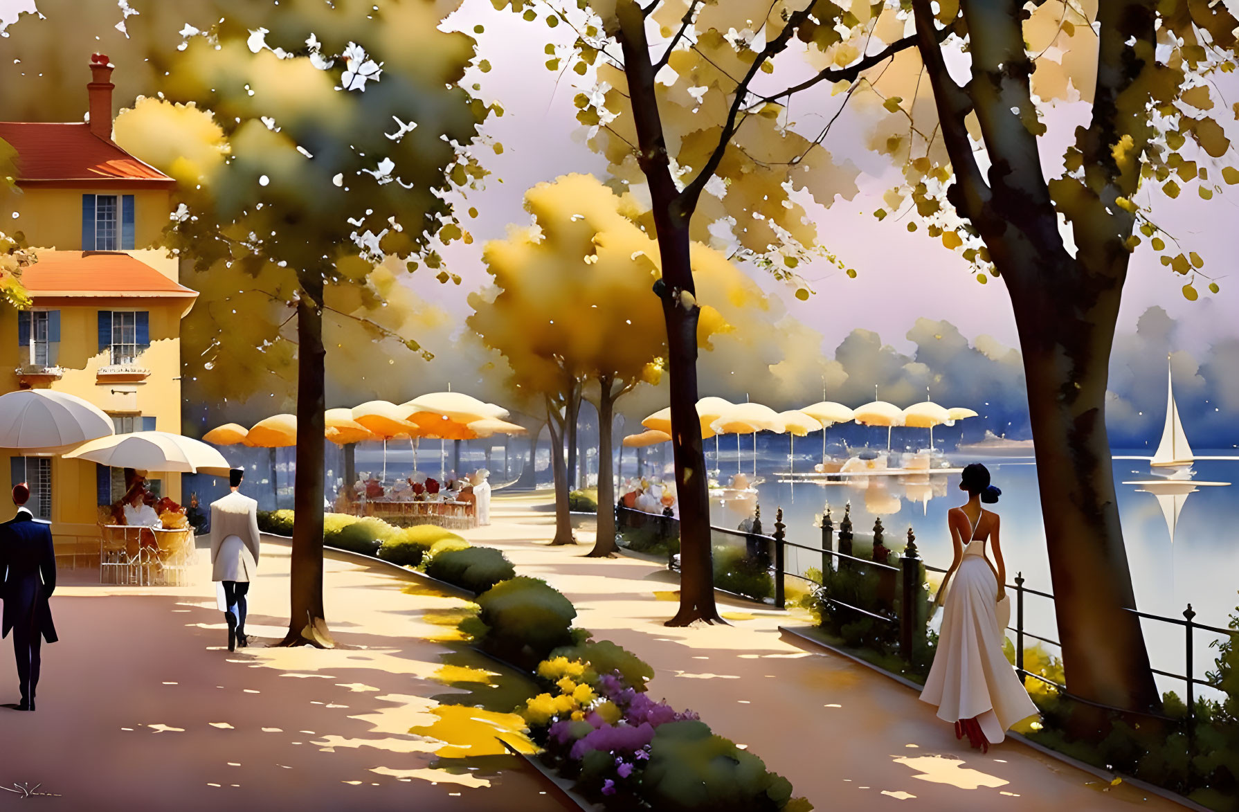 Tranquil lakeside scene with woman in dress, diners under umbrellas, and boats on