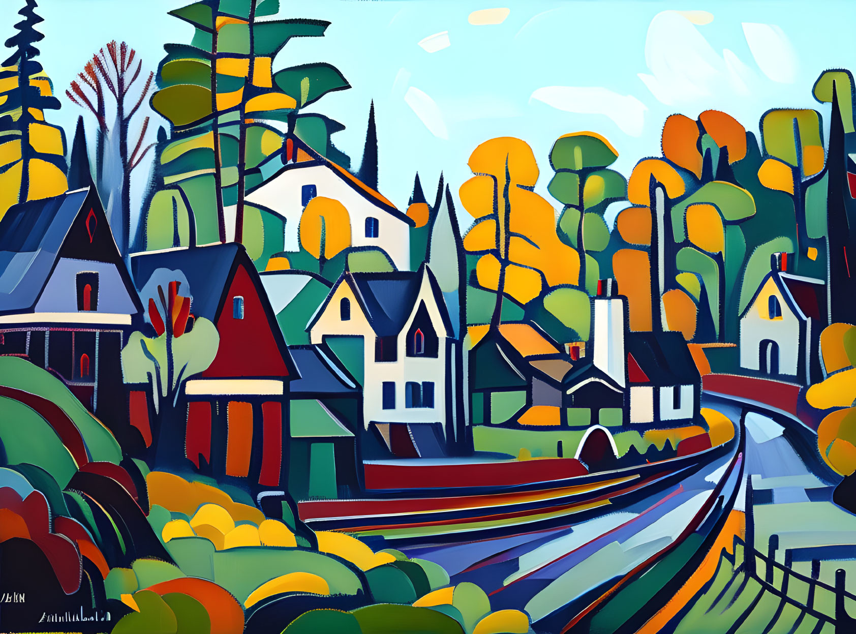 Colorful Autumn Village Painting with Rolling Hills