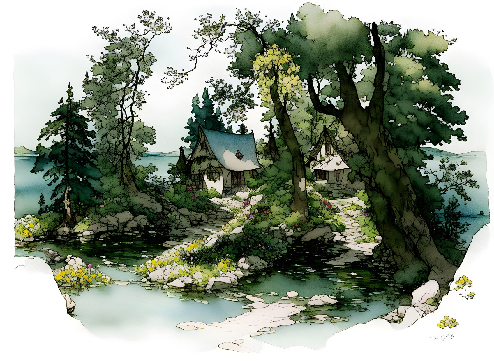 Tranquil lakeside watercolor with cottages and trees