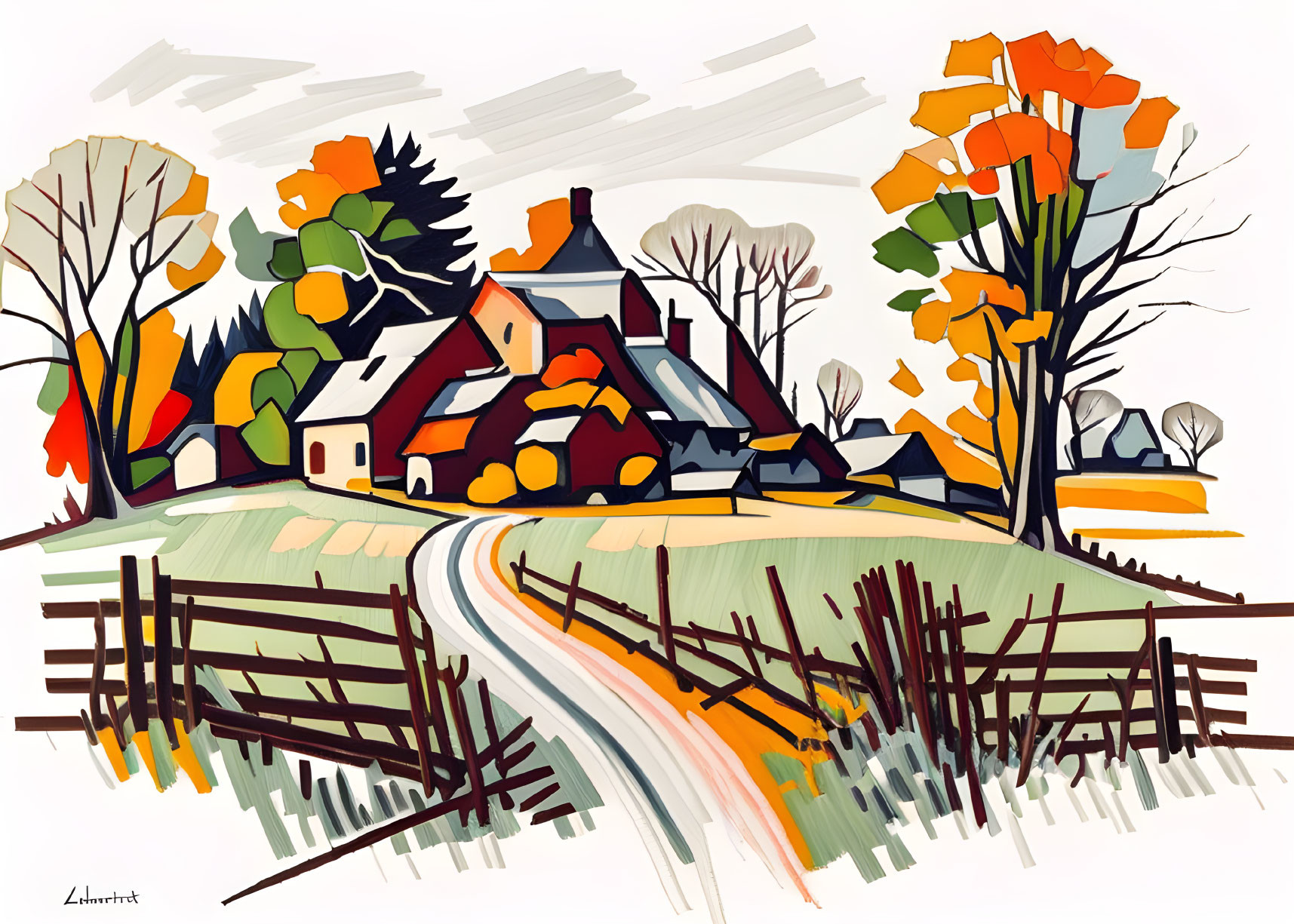 Colorful Stylized Rural Landscape Illustration with Autumn Trees and Houses