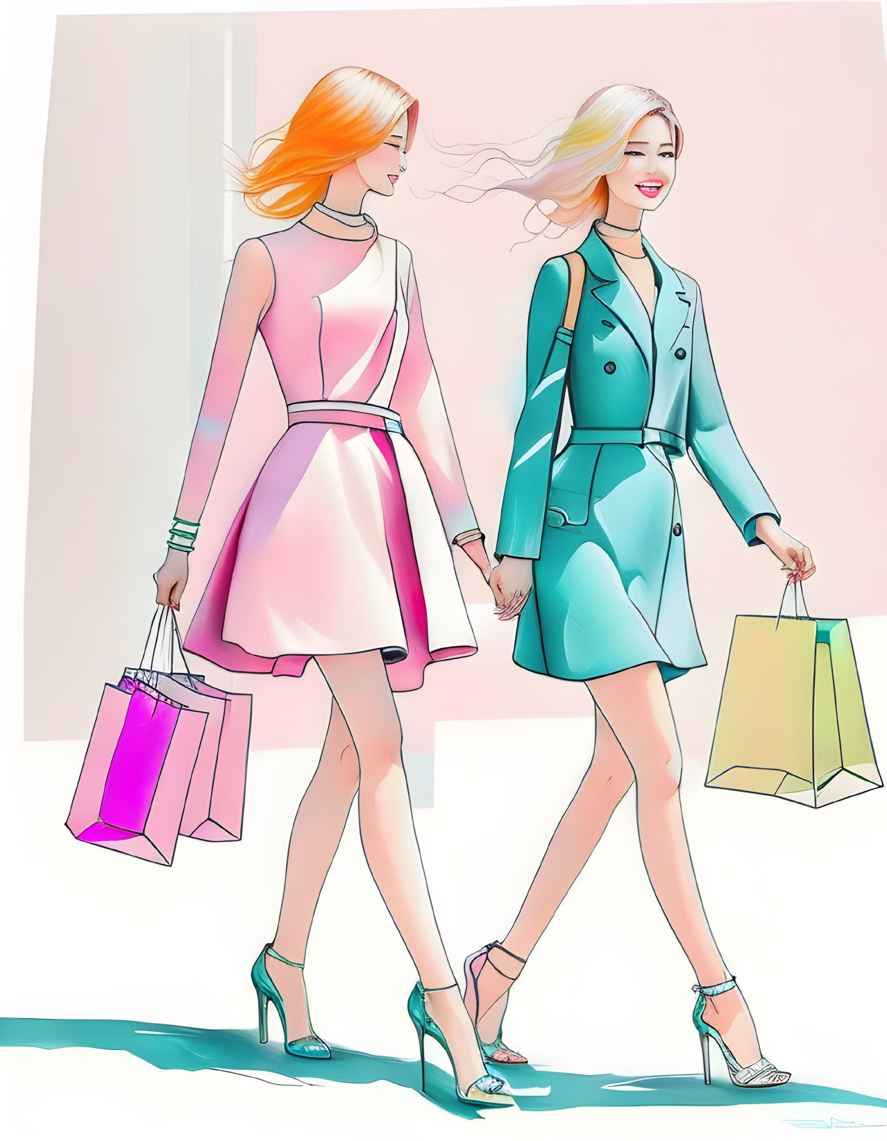 Two fashionable women with shopping bags in chic outfits and high heels on soft pink backdrop