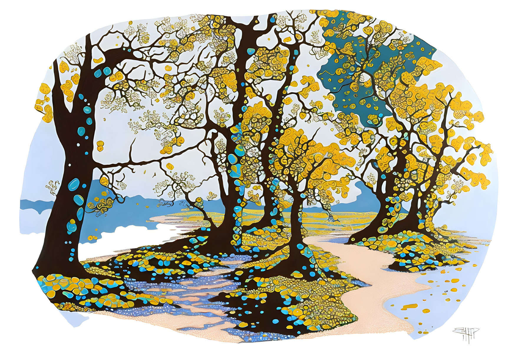 Whimsical forest illustration with yellow blossoms and patterned trees