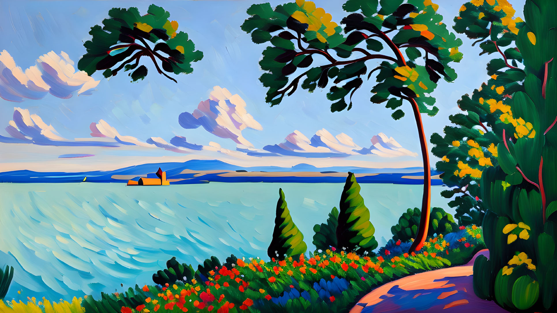 Colorful Coastal Scene with Trees, Flowers, Path, Boat, Mountains, and Cloudy Sky