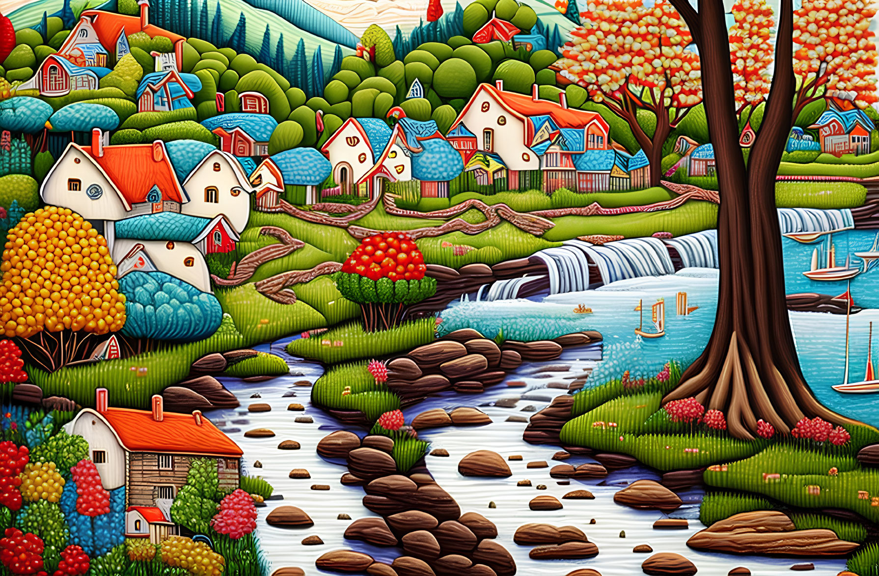 Colorful riverside village illustration with houses, trees, waterfall, and sailboats