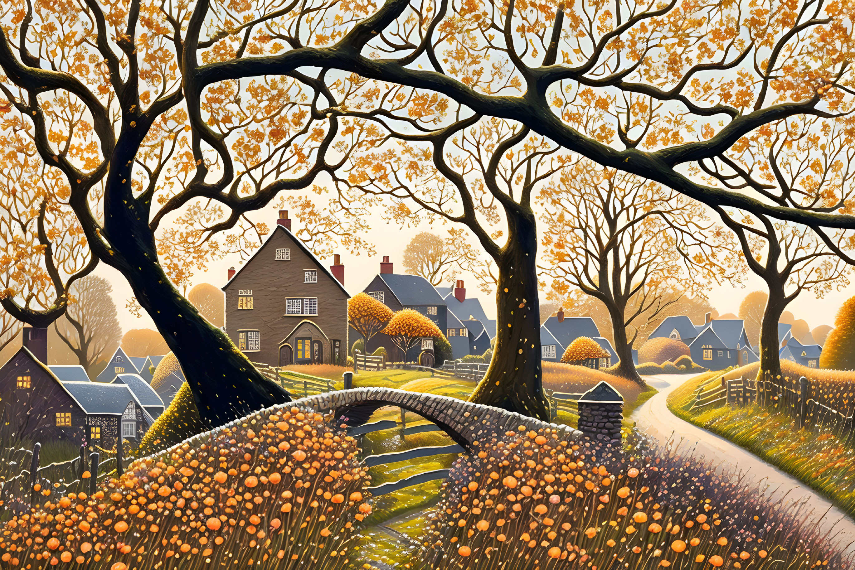 Autumn village scene with stone bridge and golden trees