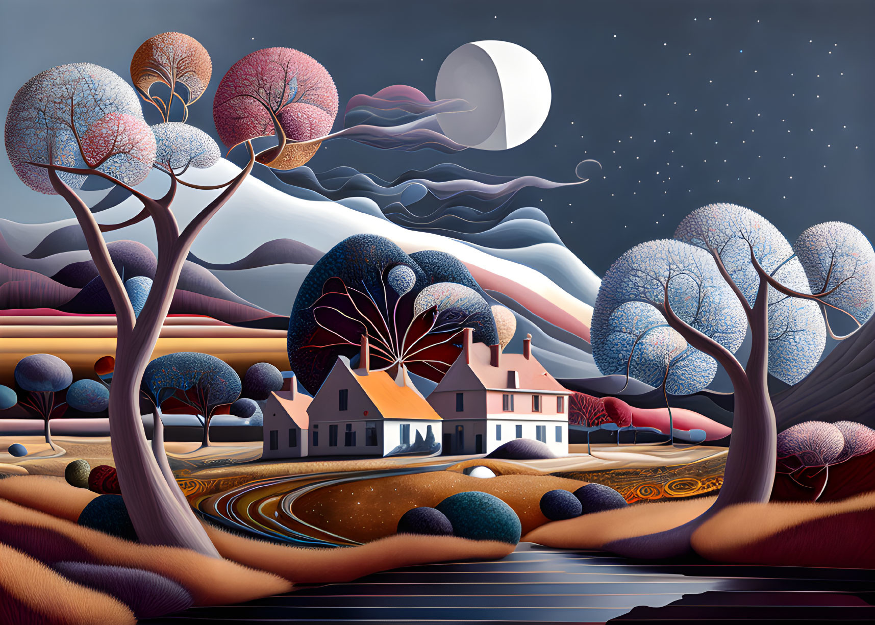 Surreal landscape with stylized trees, white house, crescent moon, and starry sky