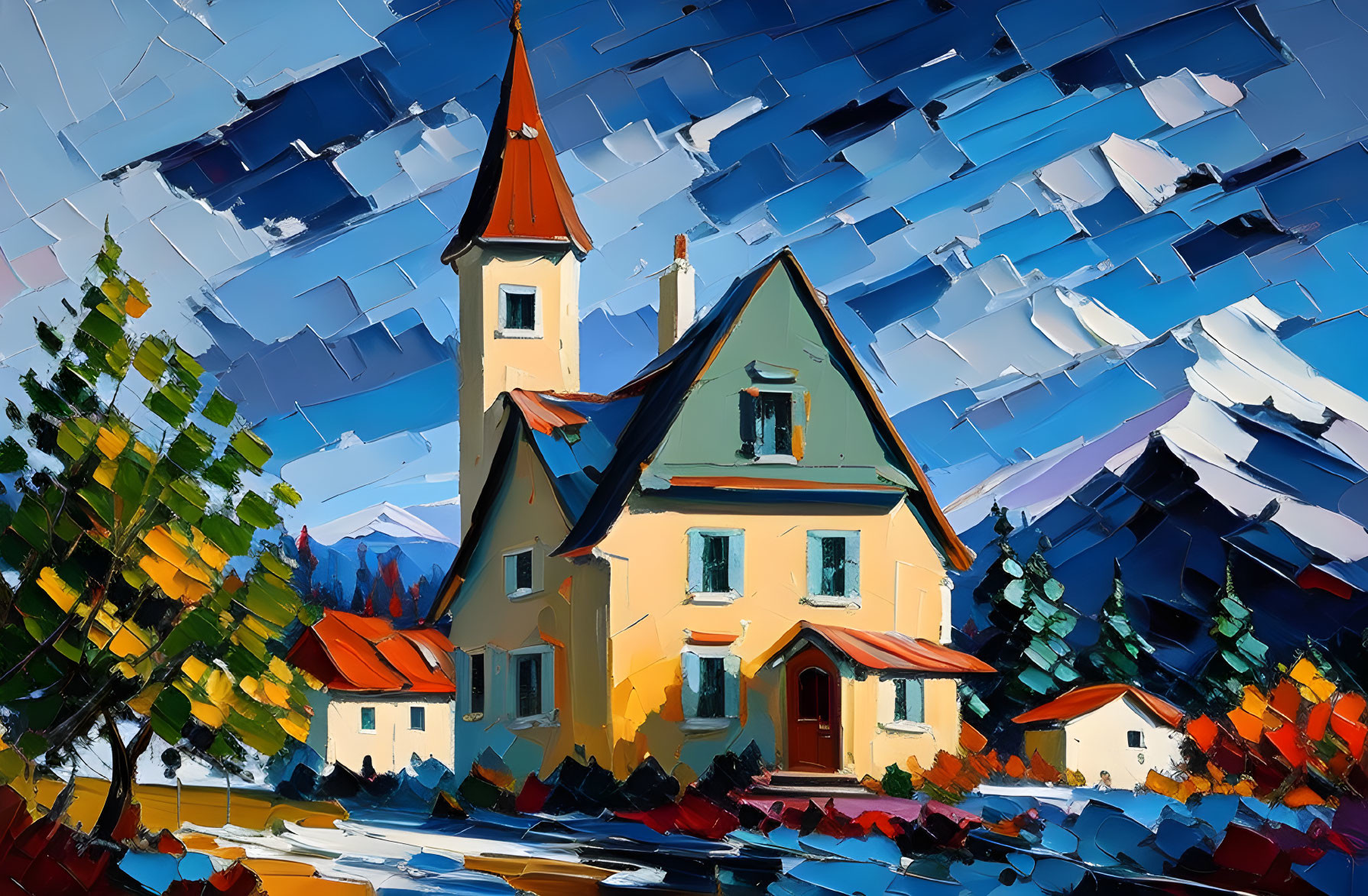 Colorful oil painting of quaint house with red-roofed tower and vibrant trees under blue sky