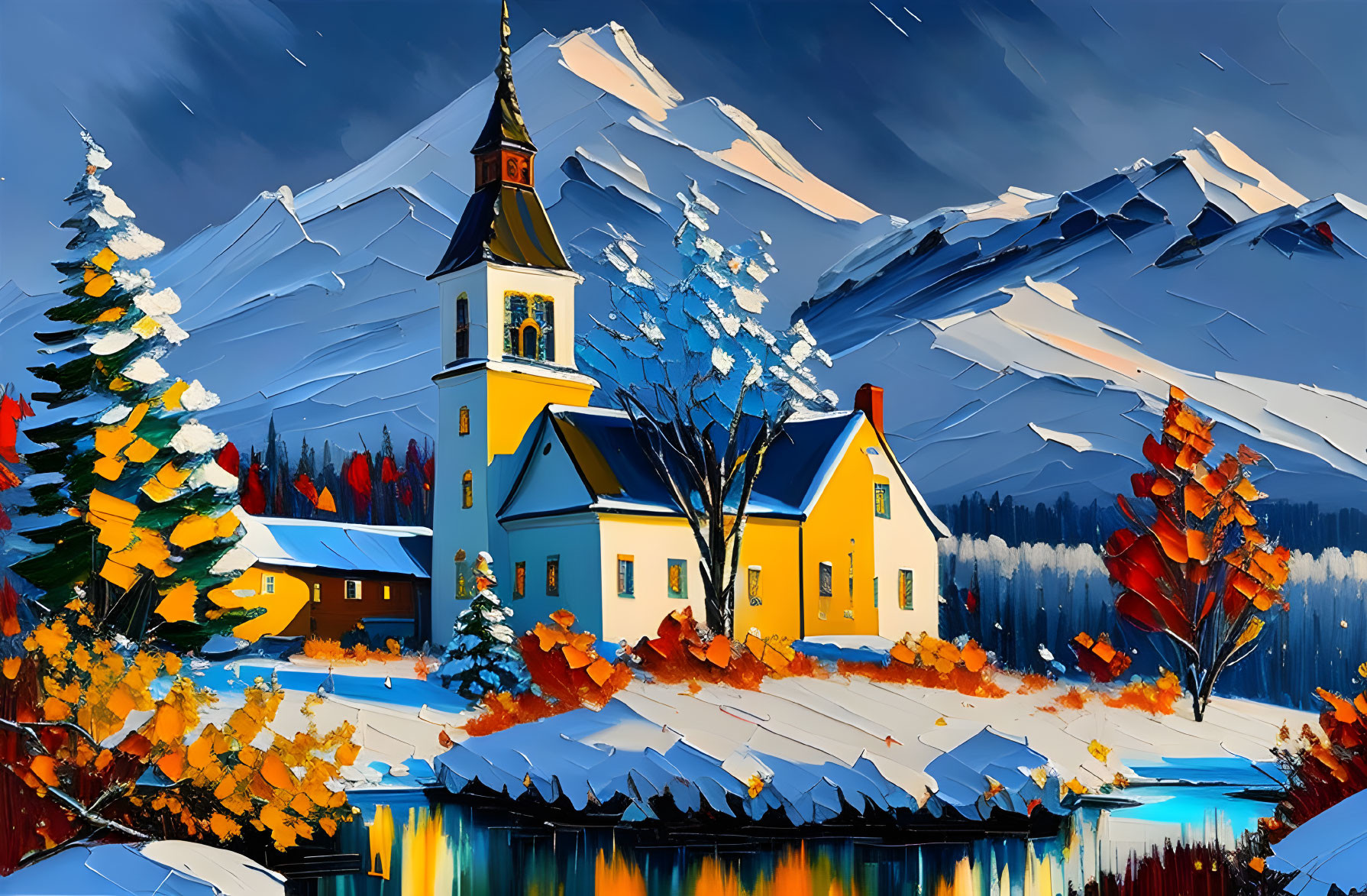 Scenic village painting: church, houses, autumn trees, lake, mountains, blue sky